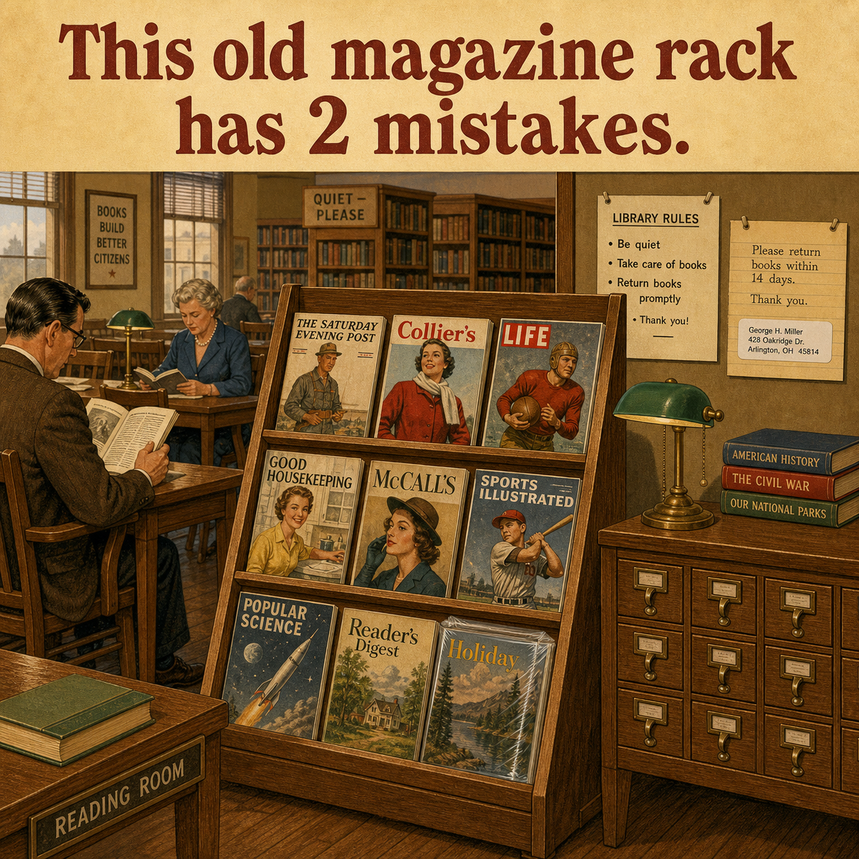 Two Mistakes in This Old Library Magazine Rack: Answer