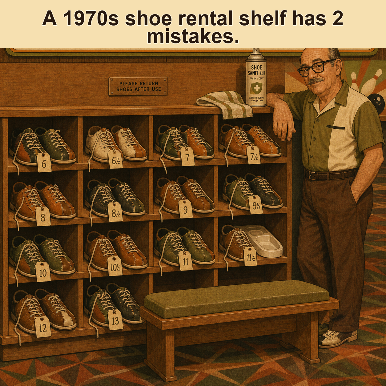 Two Mistakes on This 1970s Shoe Rental Shelf: Answer