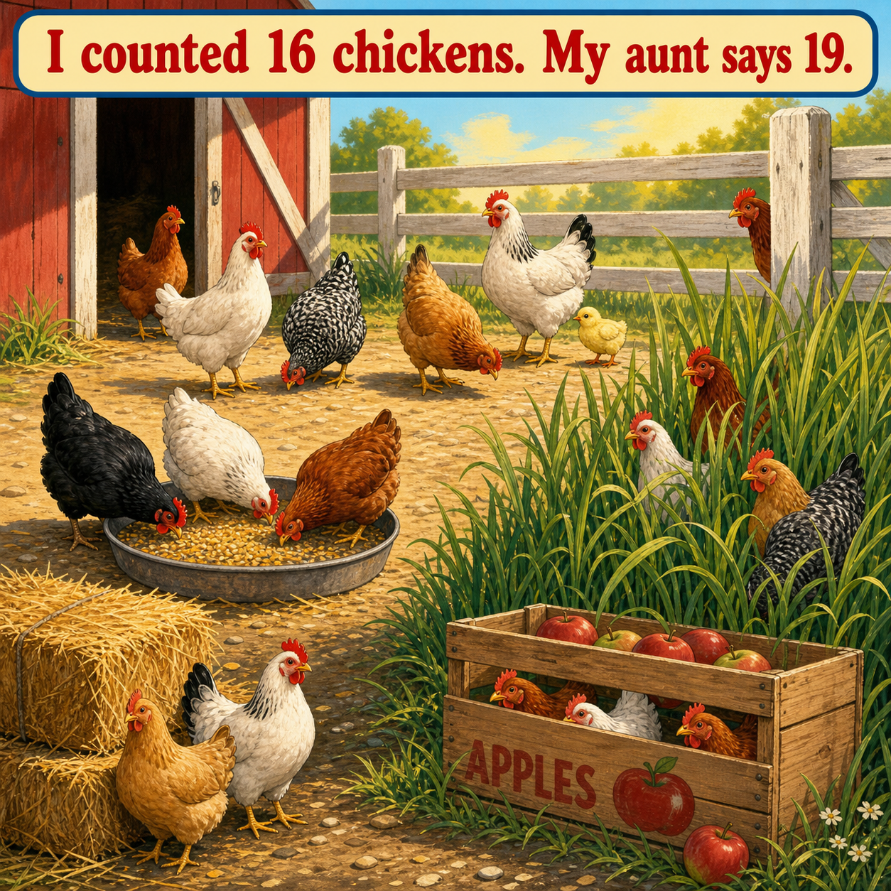 How Many Chickens Are by the Farm Fence? Answer