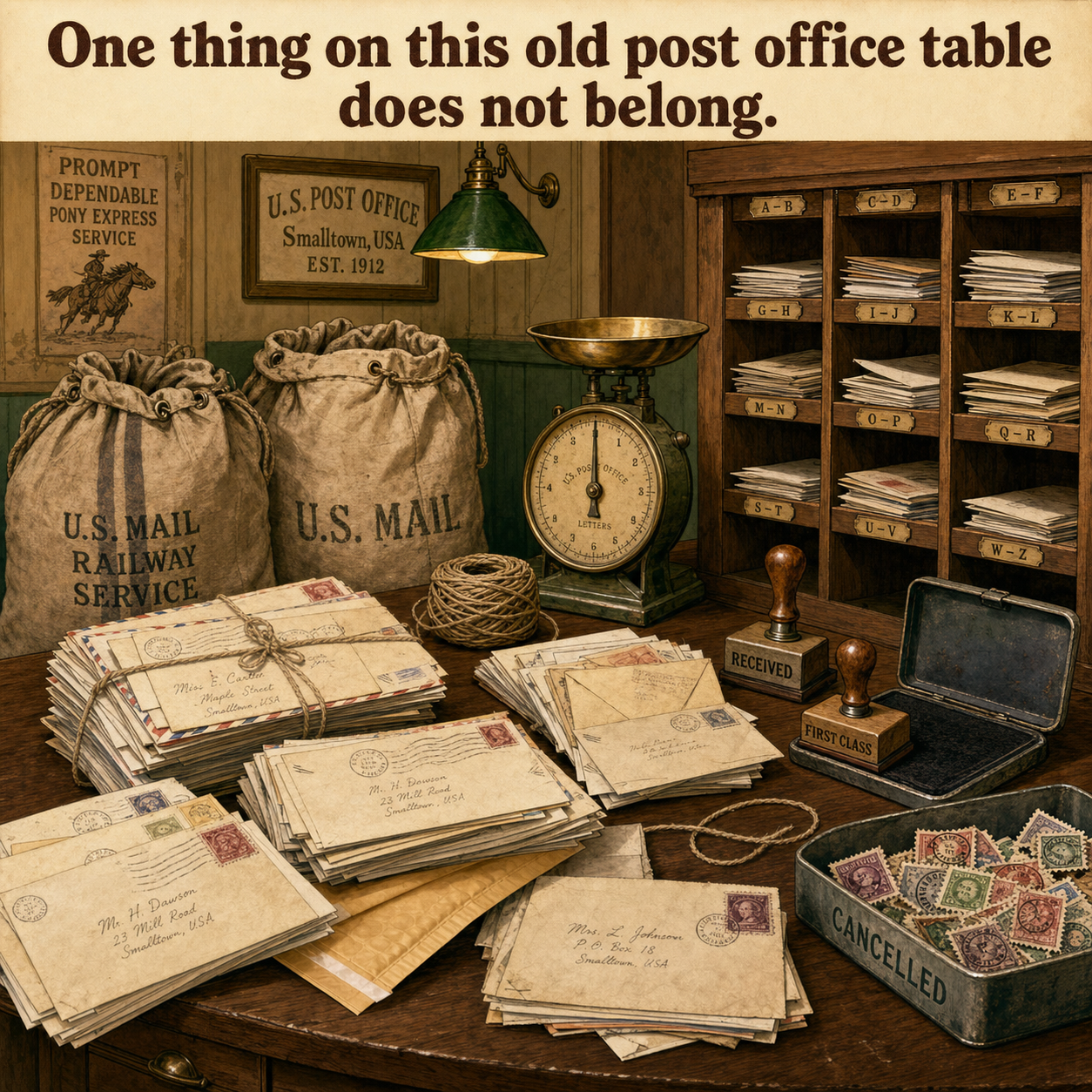 One Thing Does Not Belong on This Old Post Office Table: Answer