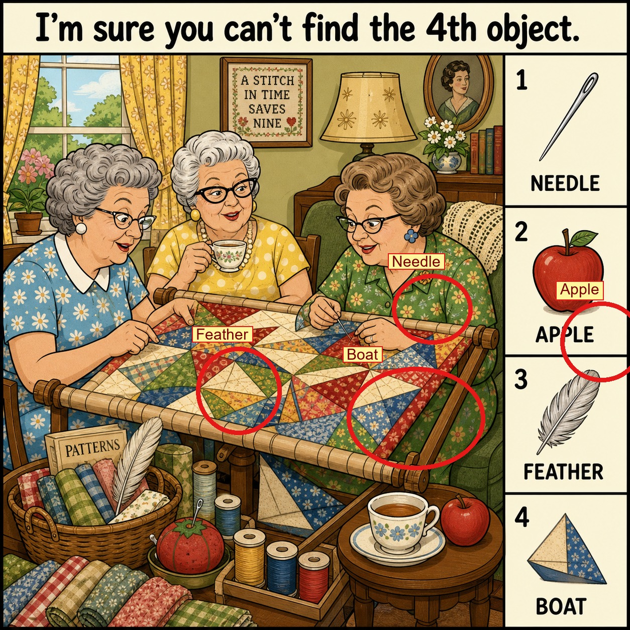 Can You Find All 4 Objects at the Quilting Bee? answer image