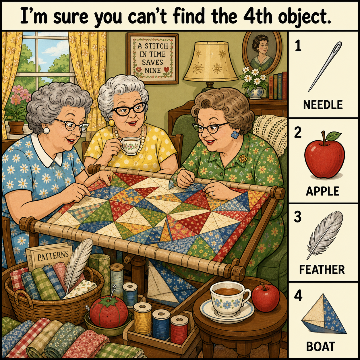 Can You Find All 4 Objects at the Quilting Bee?