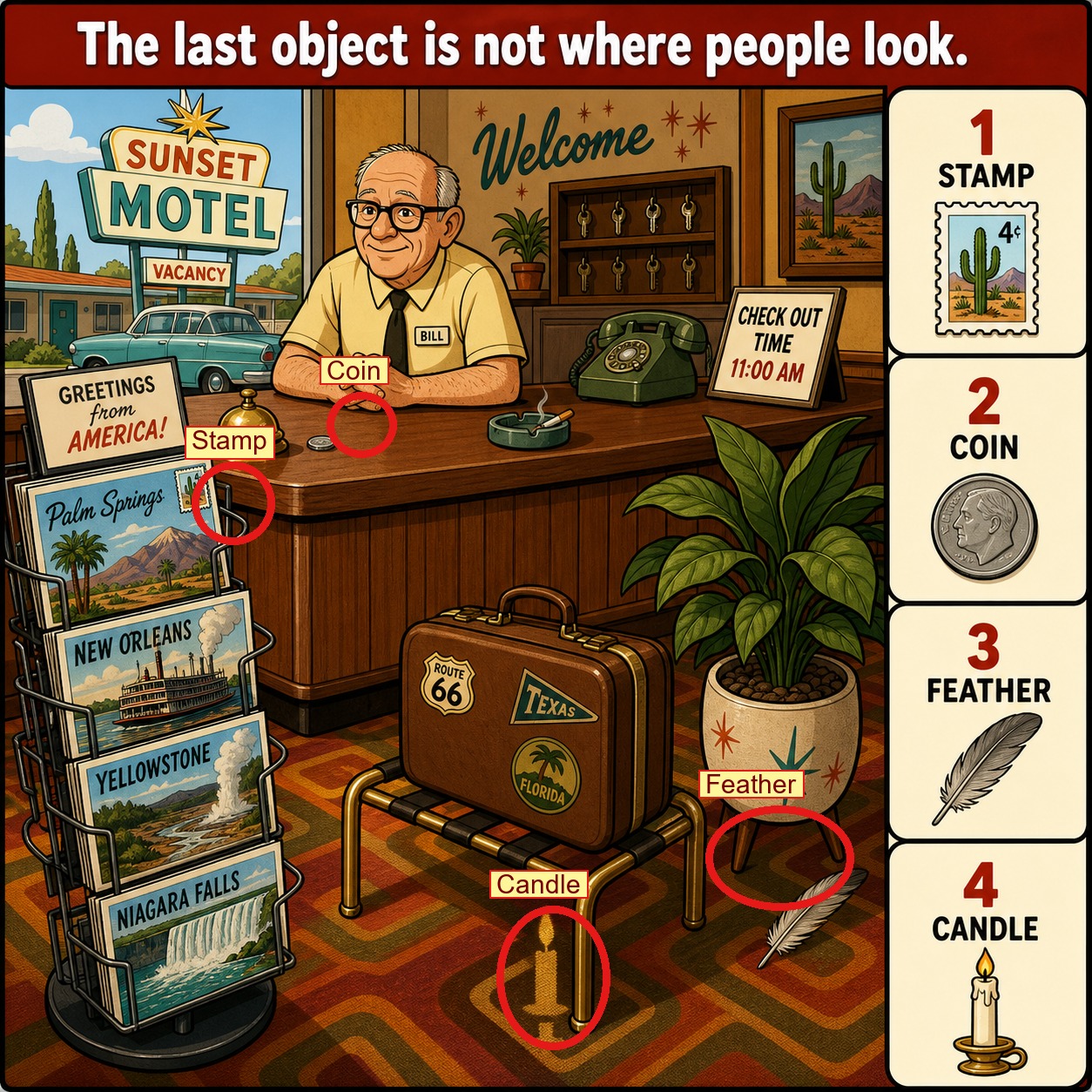 Can You Find All 4 Objects in the Motel Lobby? answer image
