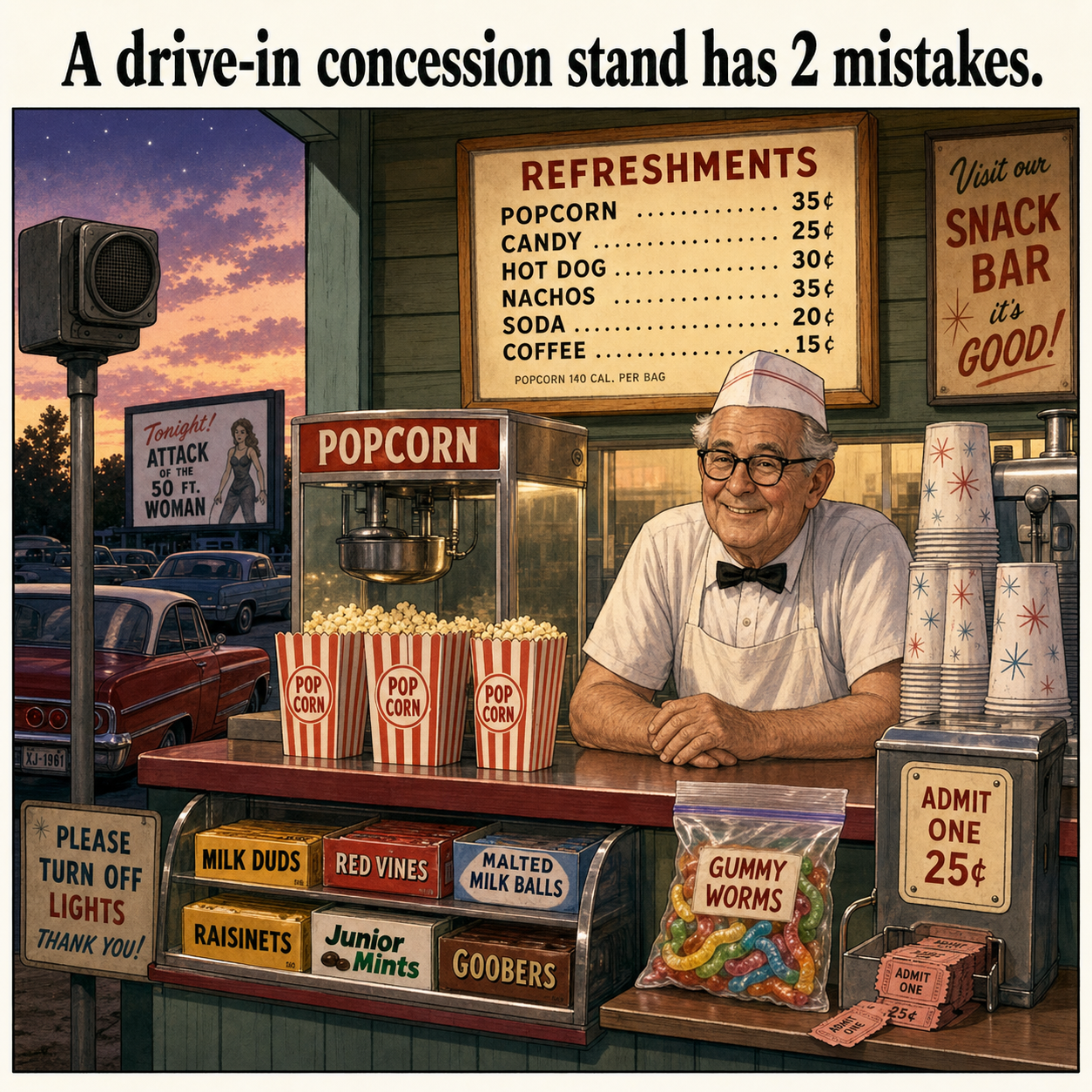 Two Mistakes at This Drive-In Concession Stand: Answer