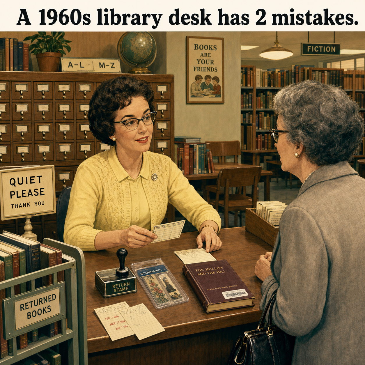 Two Mistakes at This 1960s Library Checkout Desk: Answer