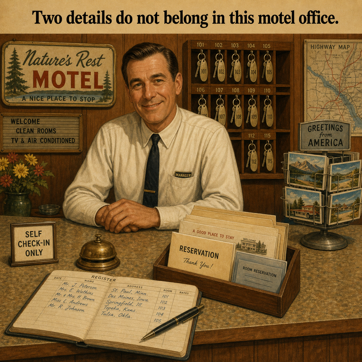 Answer: Two Wrong Details in the Roadside Motel Office