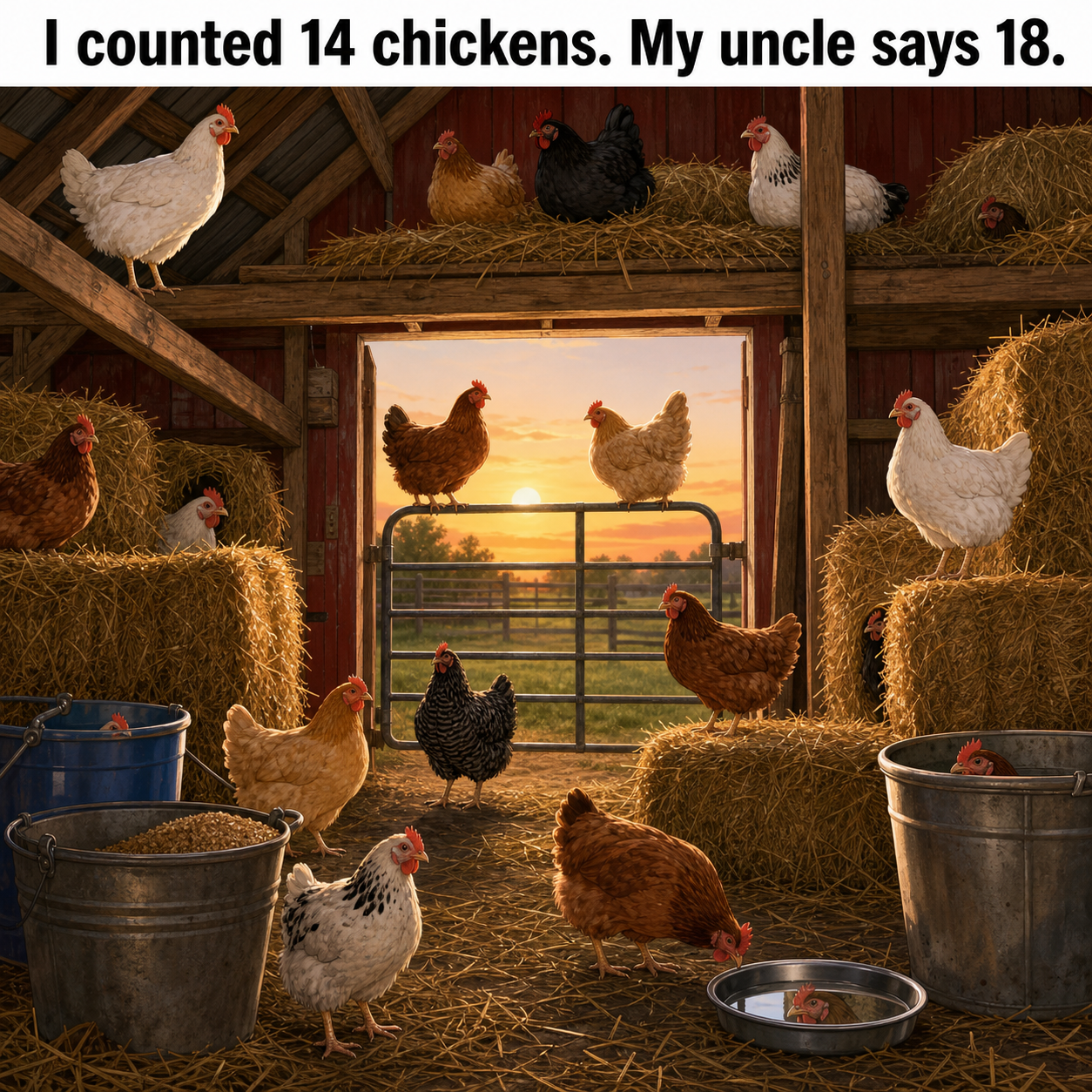How Many Chickens Are by the Red Barn? Answer