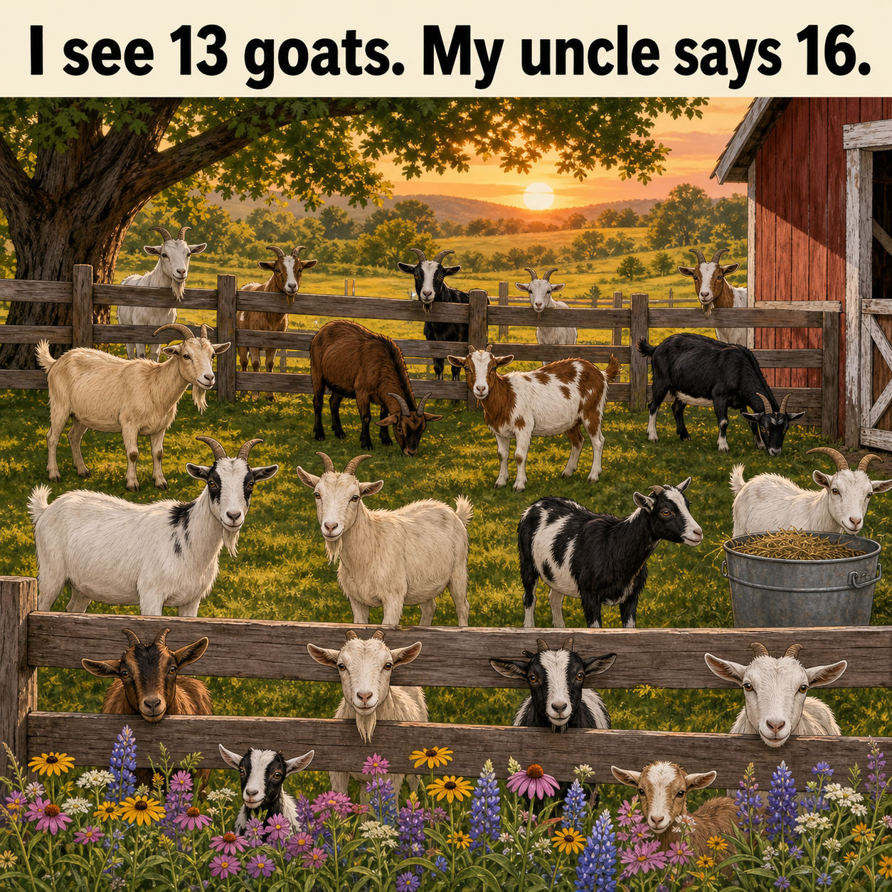 How Many Goats Are by the Pasture Fence? Answer