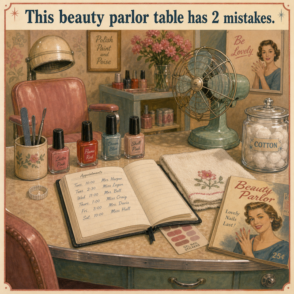 Two Mistakes on This 1960s Beauty Parlor Table: Answer