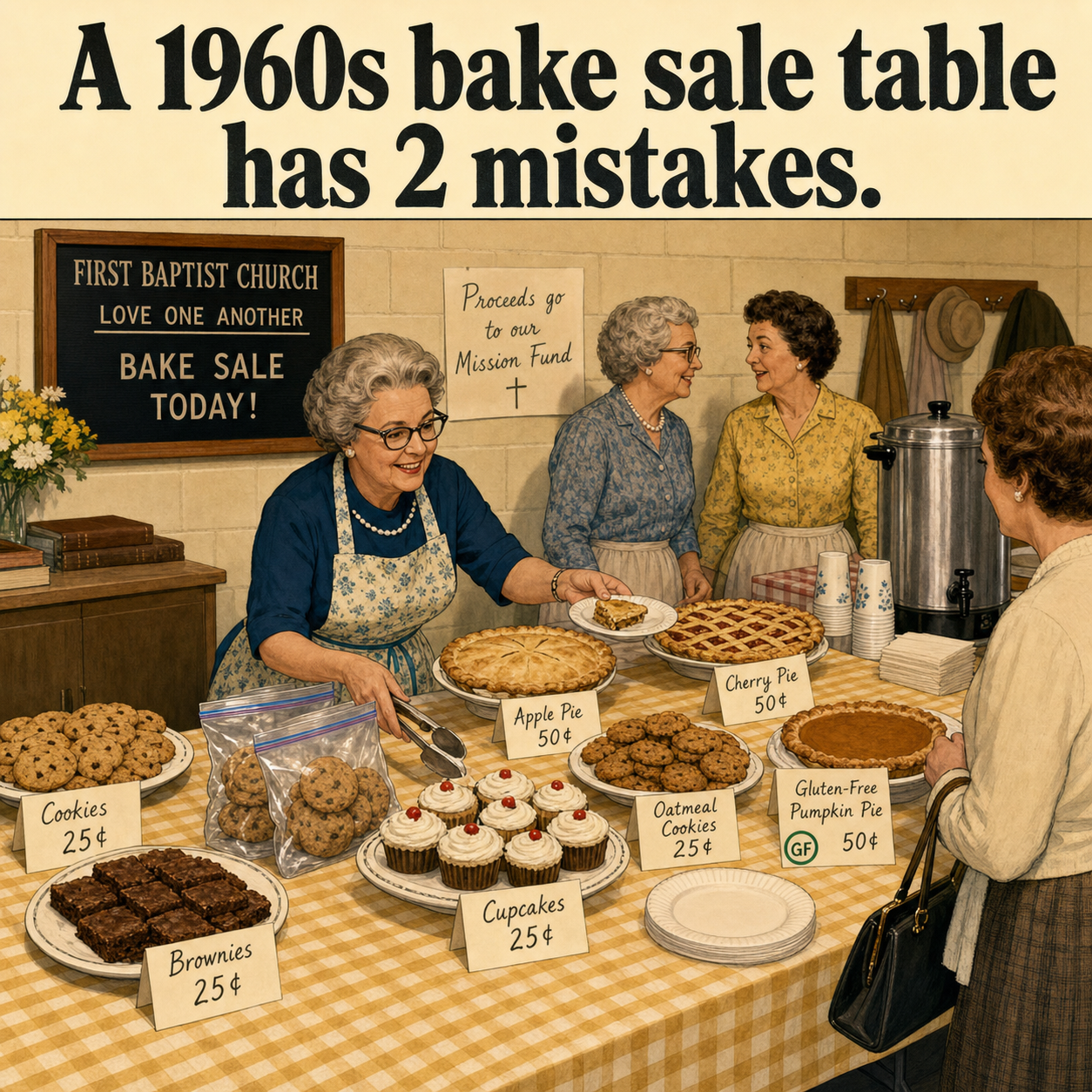 Two Things Are Wrong at This 1960s Bake Sale Table: Answer
