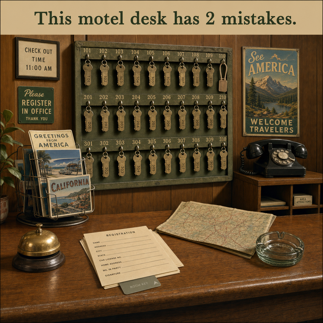 Two Mistakes at This 1960s Motel Front Desk: Answer