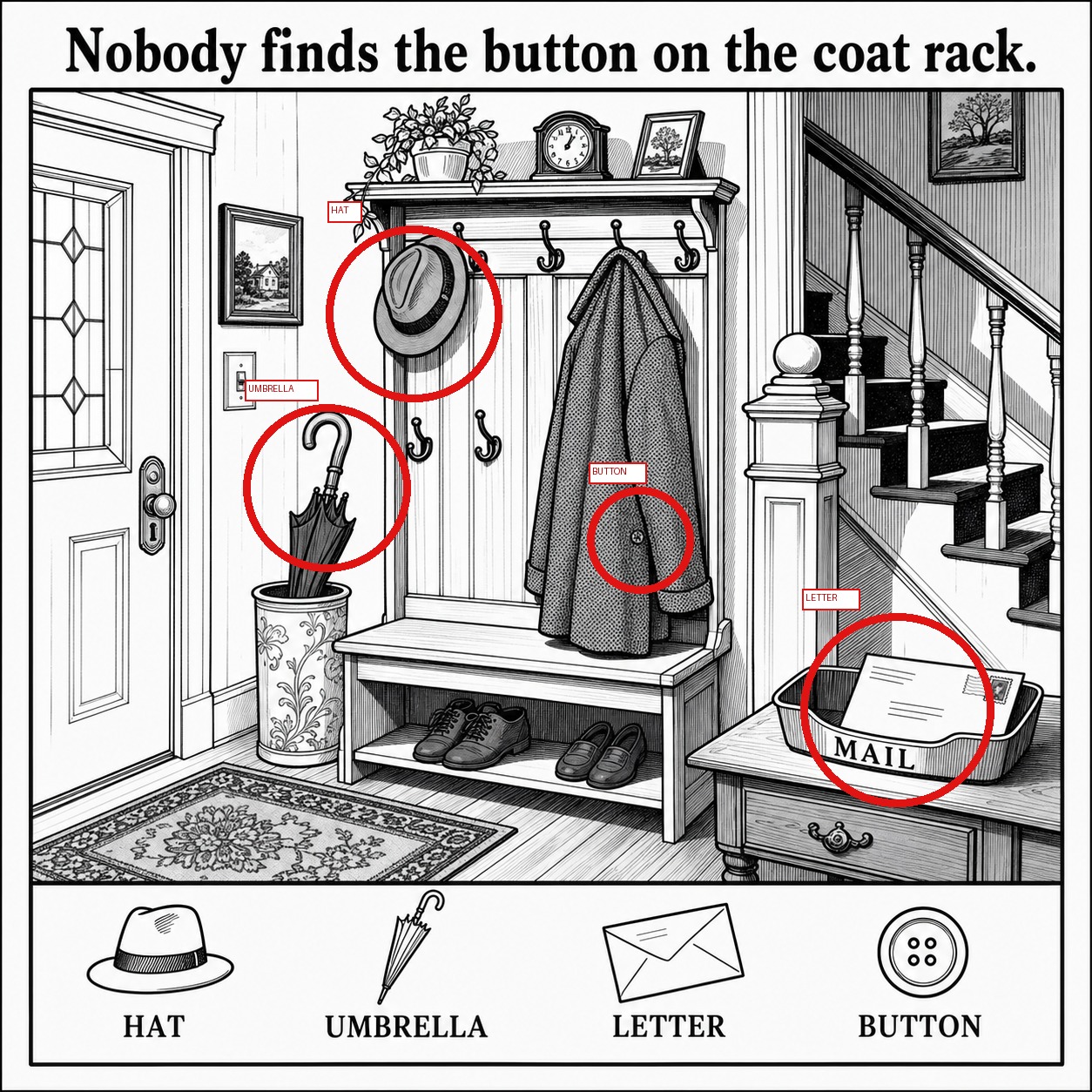 Can You Find the Hidden Button on the Coat Rack? answer image