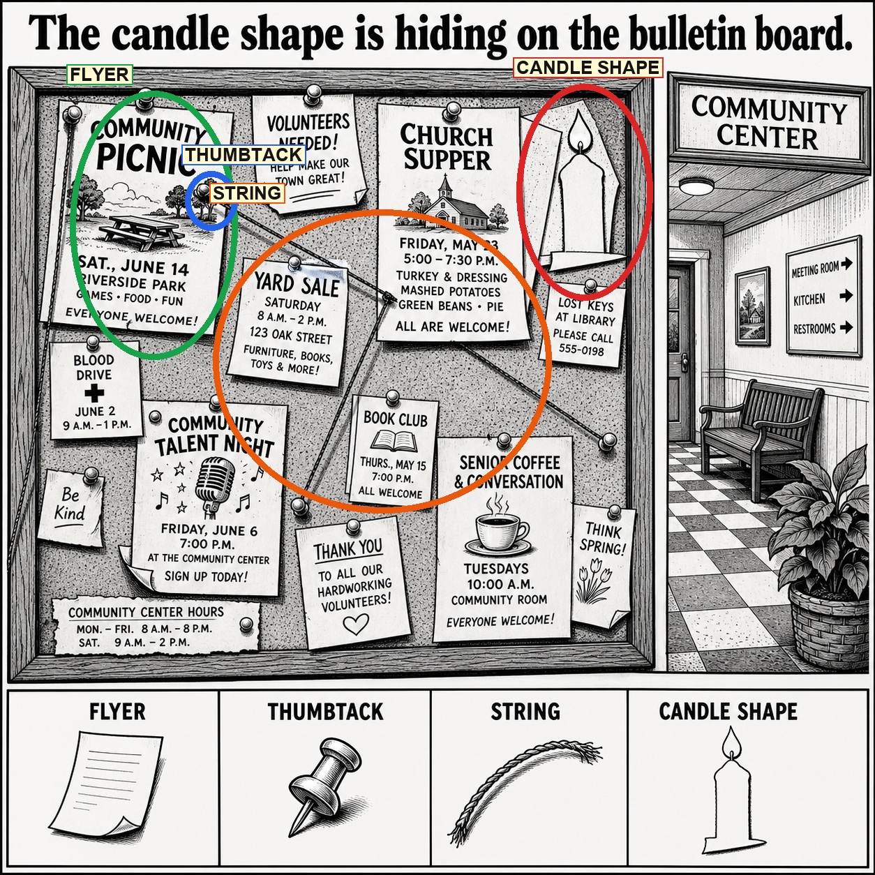 Can You Find the Candle Shape on the Bulletin Board? answer image