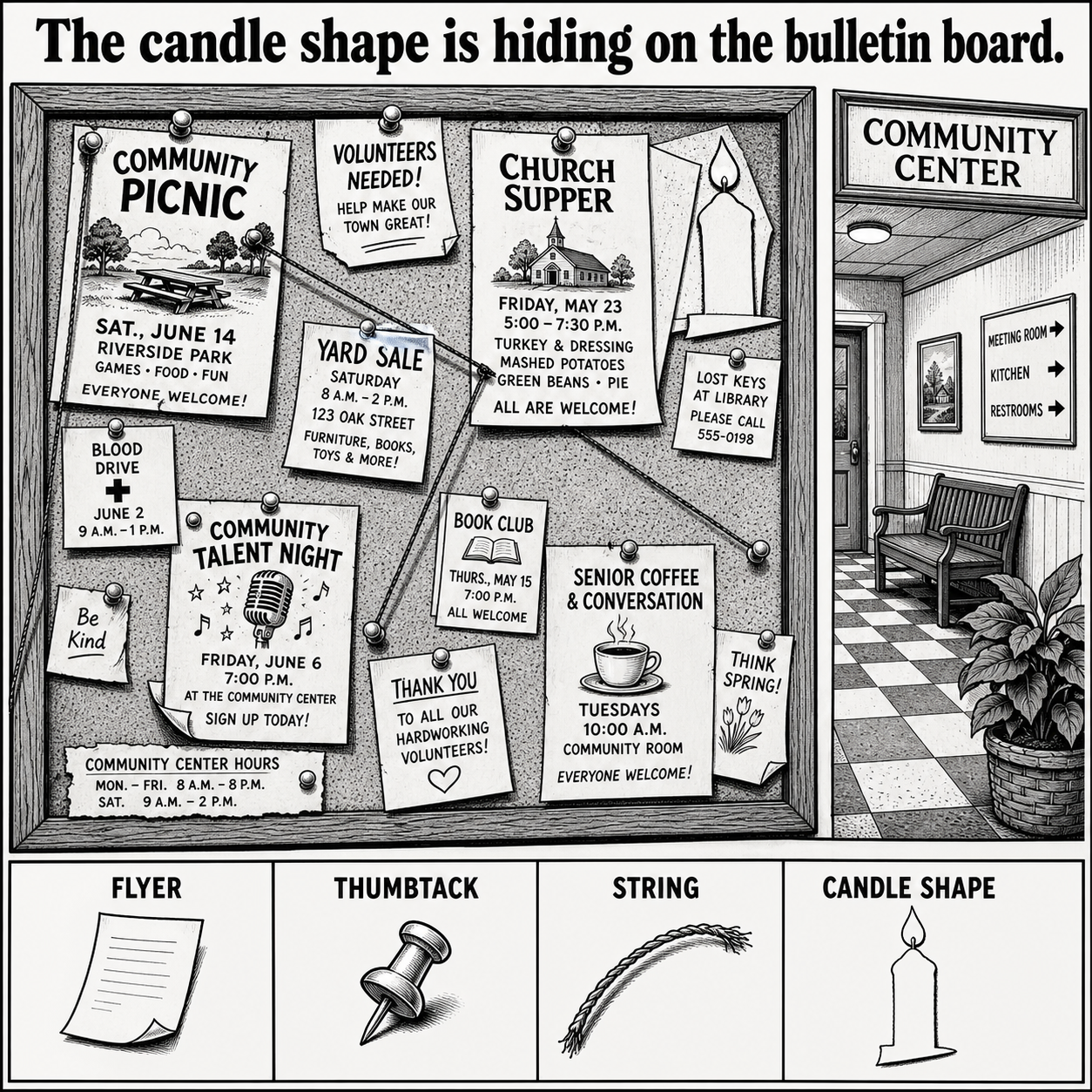 Can You Find the Candle Shape on the Bulletin Board?