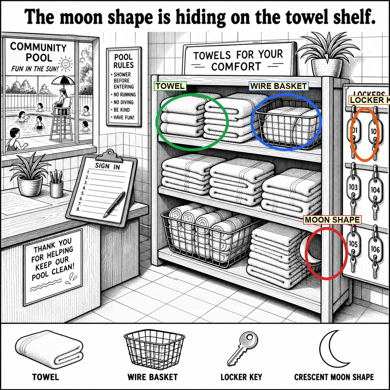 Can You Find the Moon Shape on the Towel Shelf? answer image