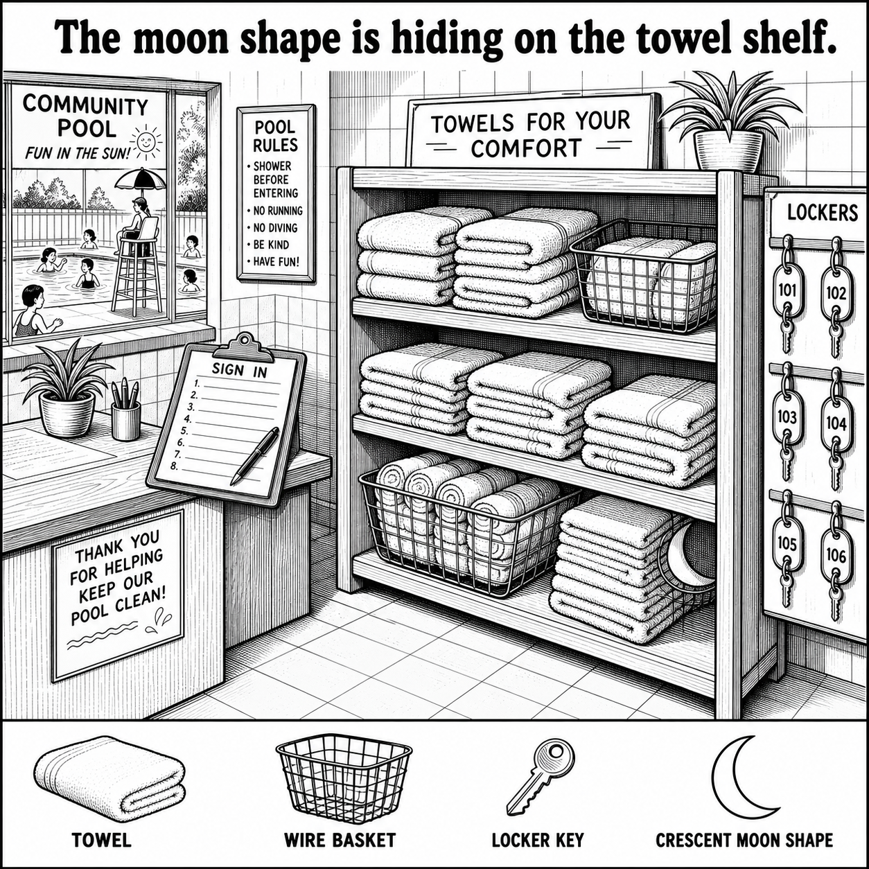 Can You Find the Moon Shape on the Towel Shelf?