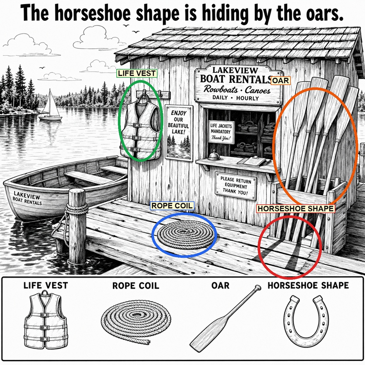 Can You Find the Horseshoe Shape by the Oars? answer image