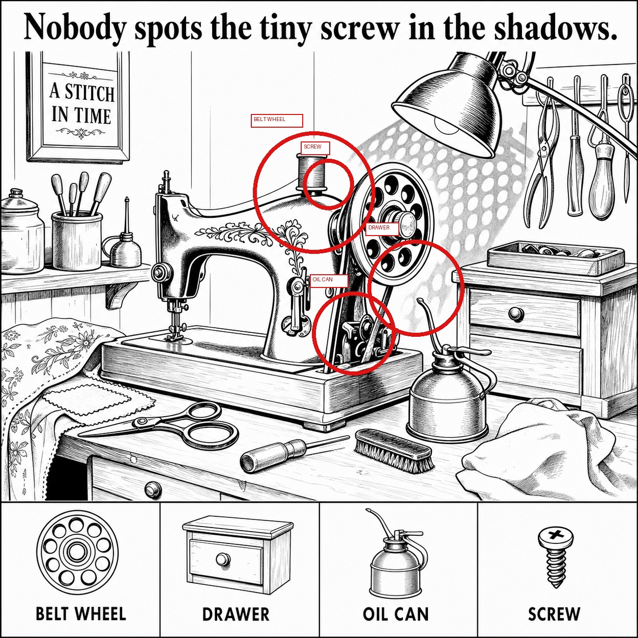 Can You Find the Hidden Screw by the Sewing Machine? answer image