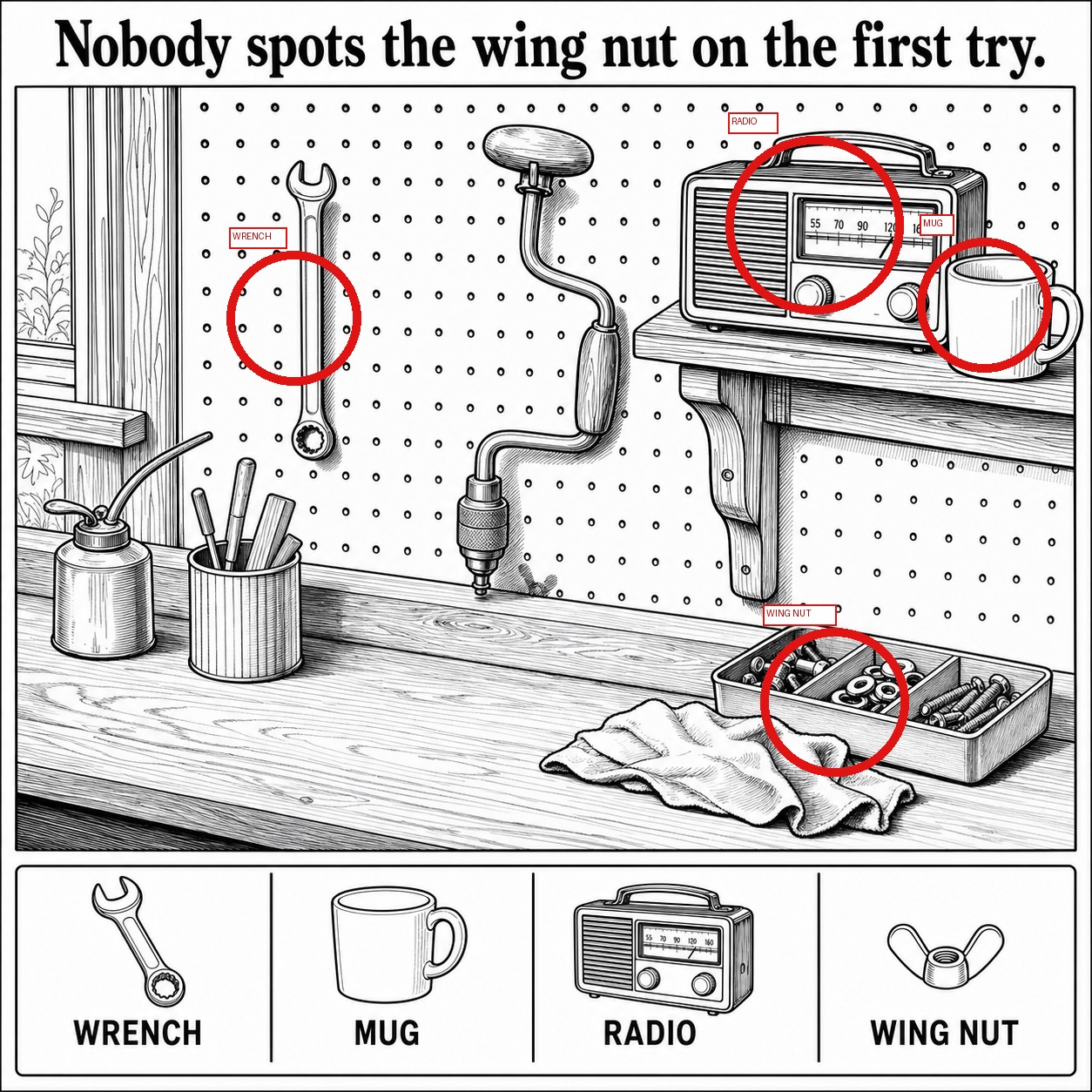 Can You Find the Hidden Wing Nut on the Garage Workbench? answer image
