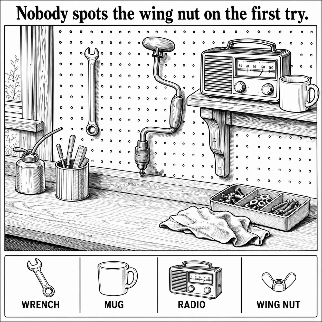 Can You Find the Hidden Wing Nut on the Garage Workbench?