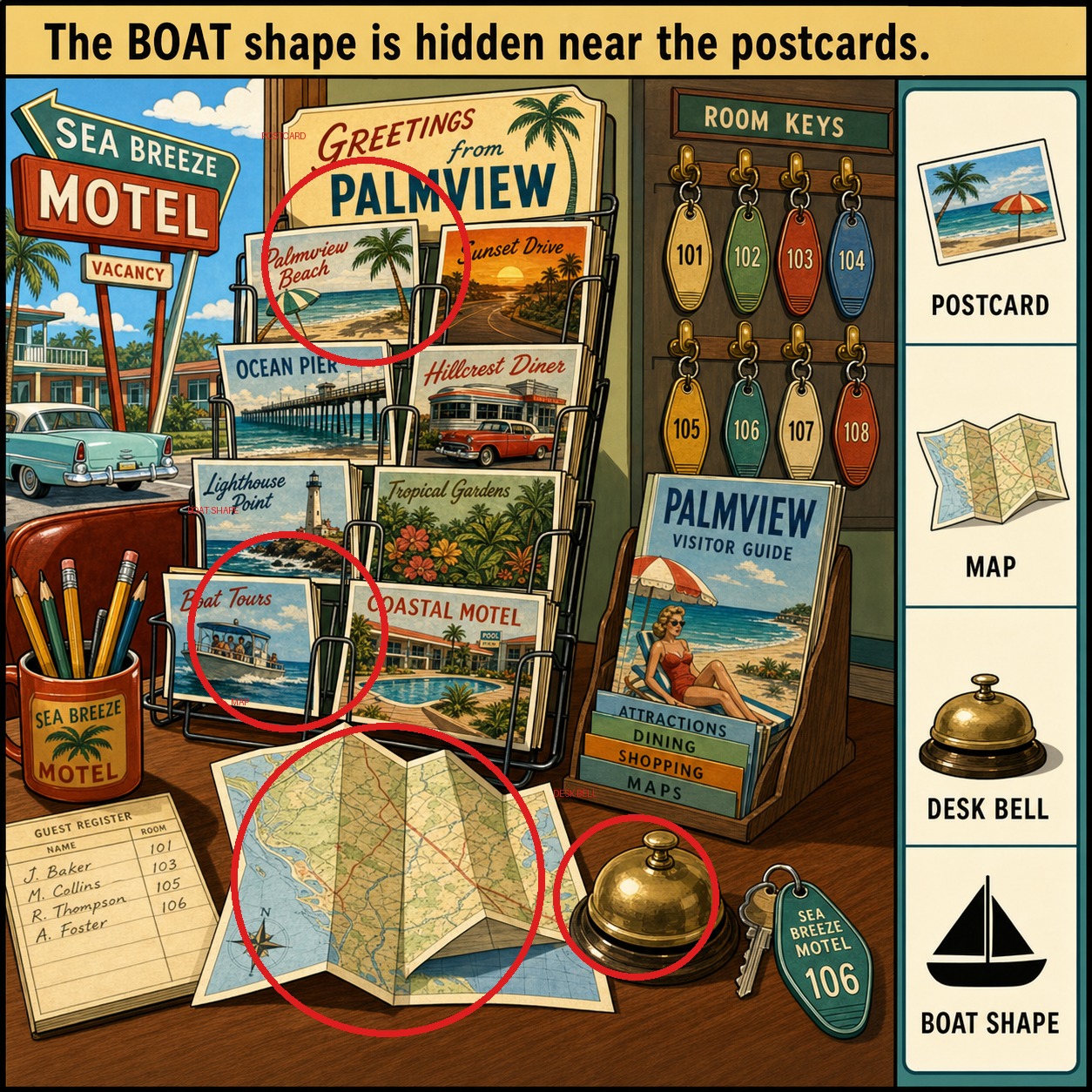 Can You Find the Boat Shape Near the Postcards? answer image