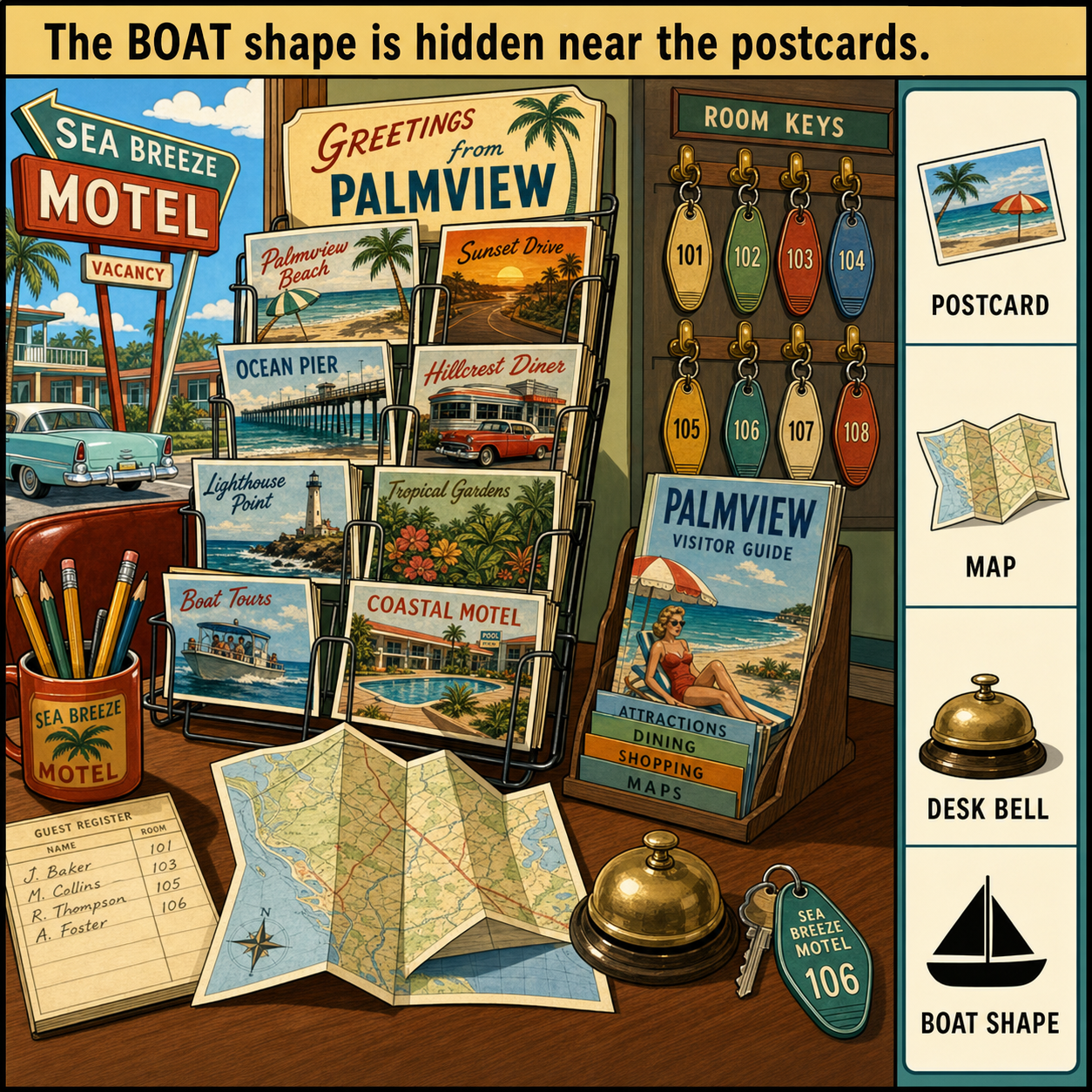 Can You Find the Boat Shape Near the Postcards?