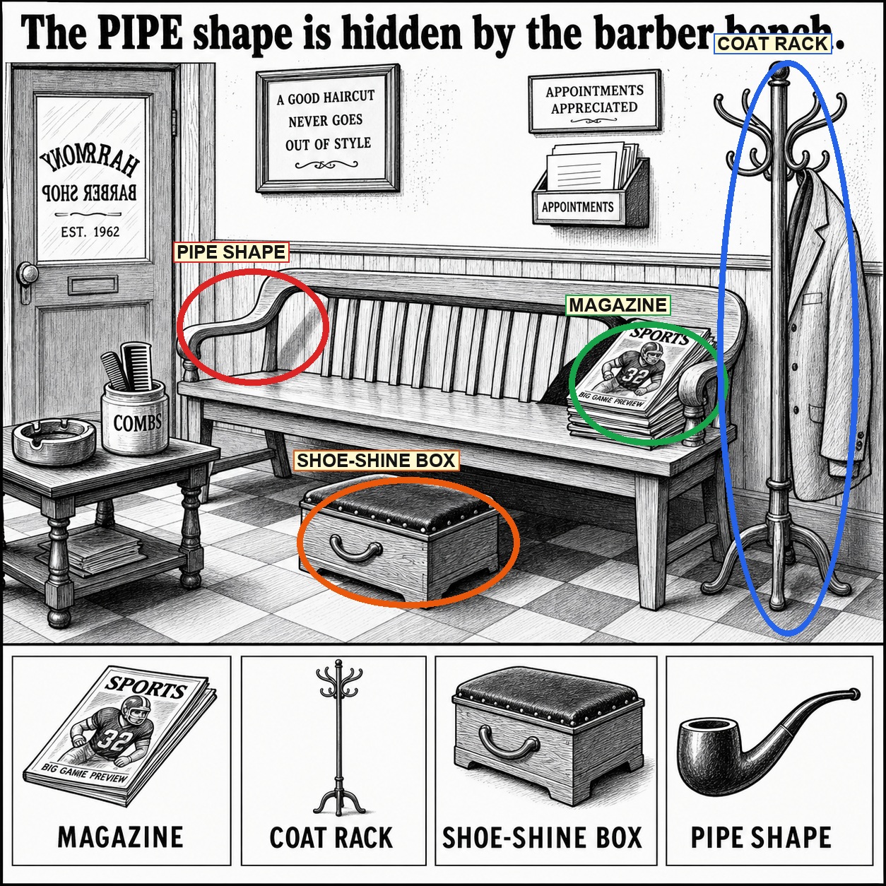 Can You Find the Pipe Shape by the Barber Bench? answer image