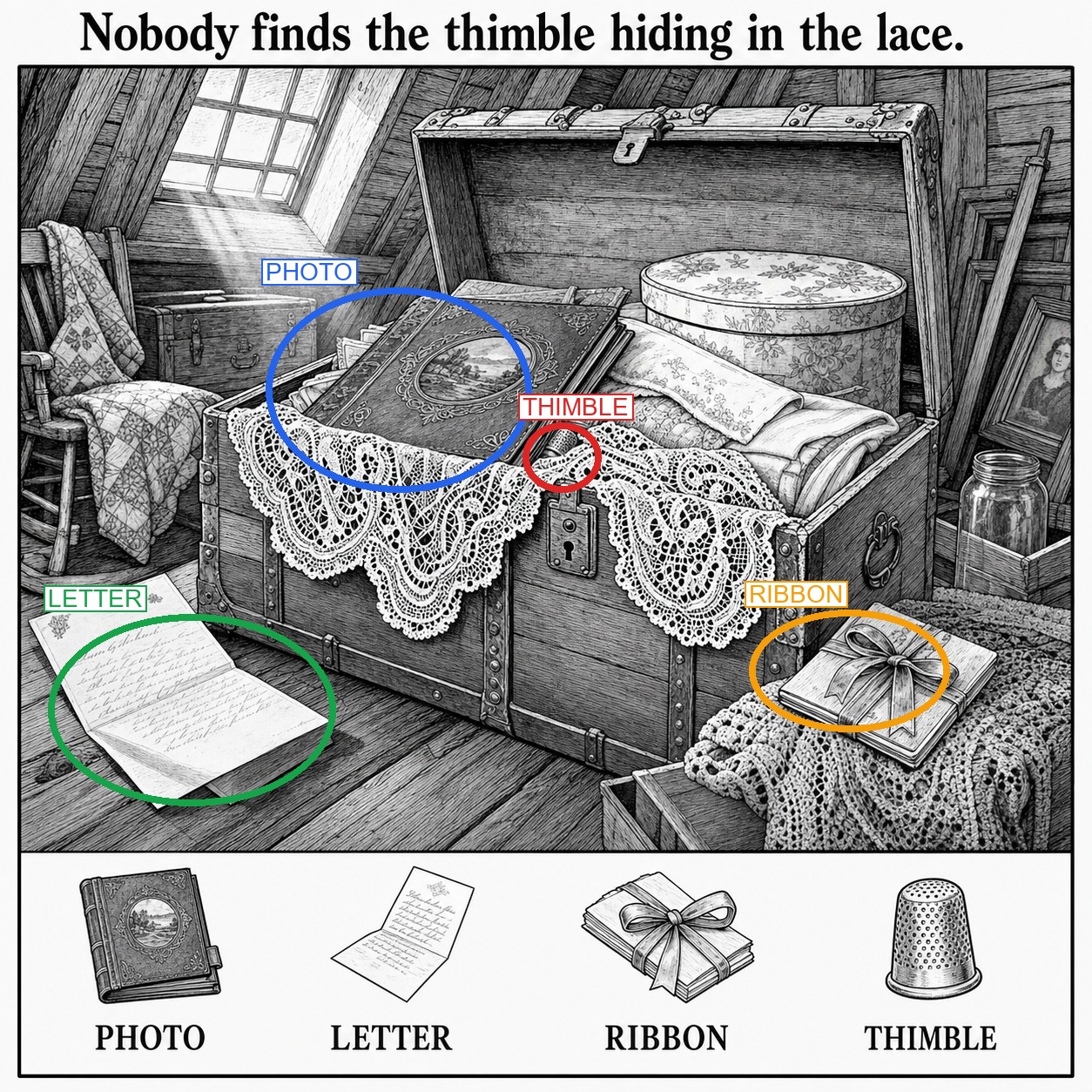 Can You Find the Hidden Thimble in the Attic Trunk? answer image