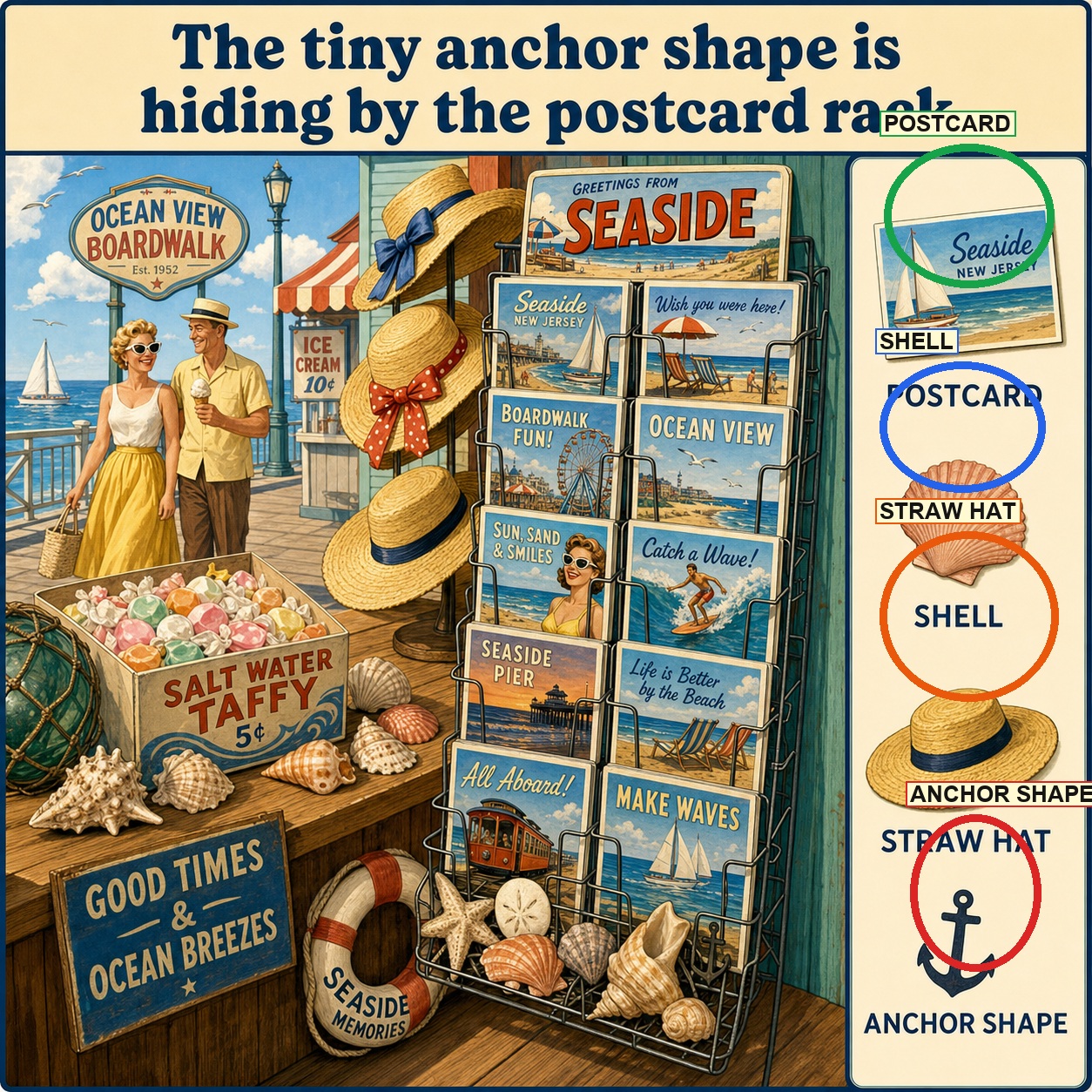 Can You Find the Anchor Shape by the Postcard Rack? answer image