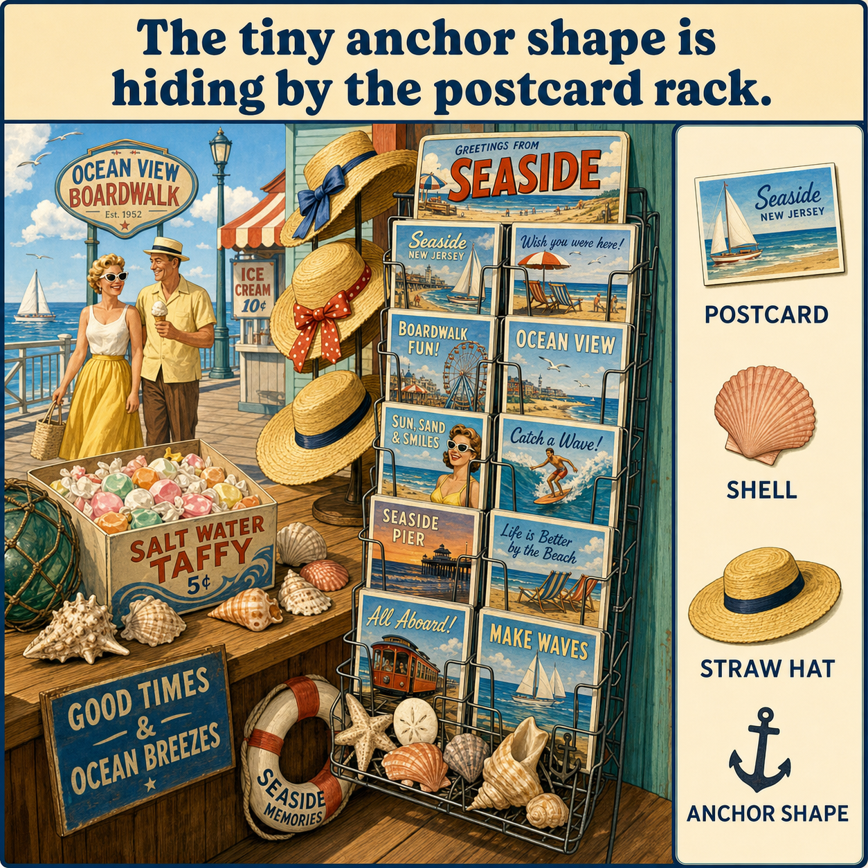 Can You Find the Anchor Shape by the Postcard Rack?