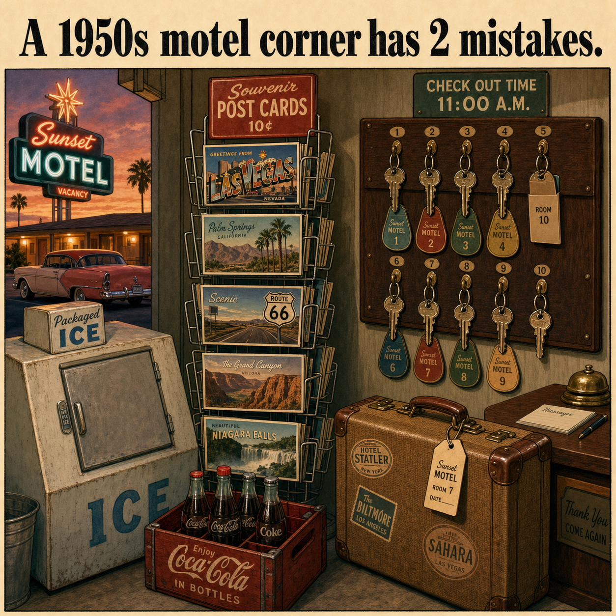 Two Mistakes in This 1950s Roadside Motel Corner: Answer