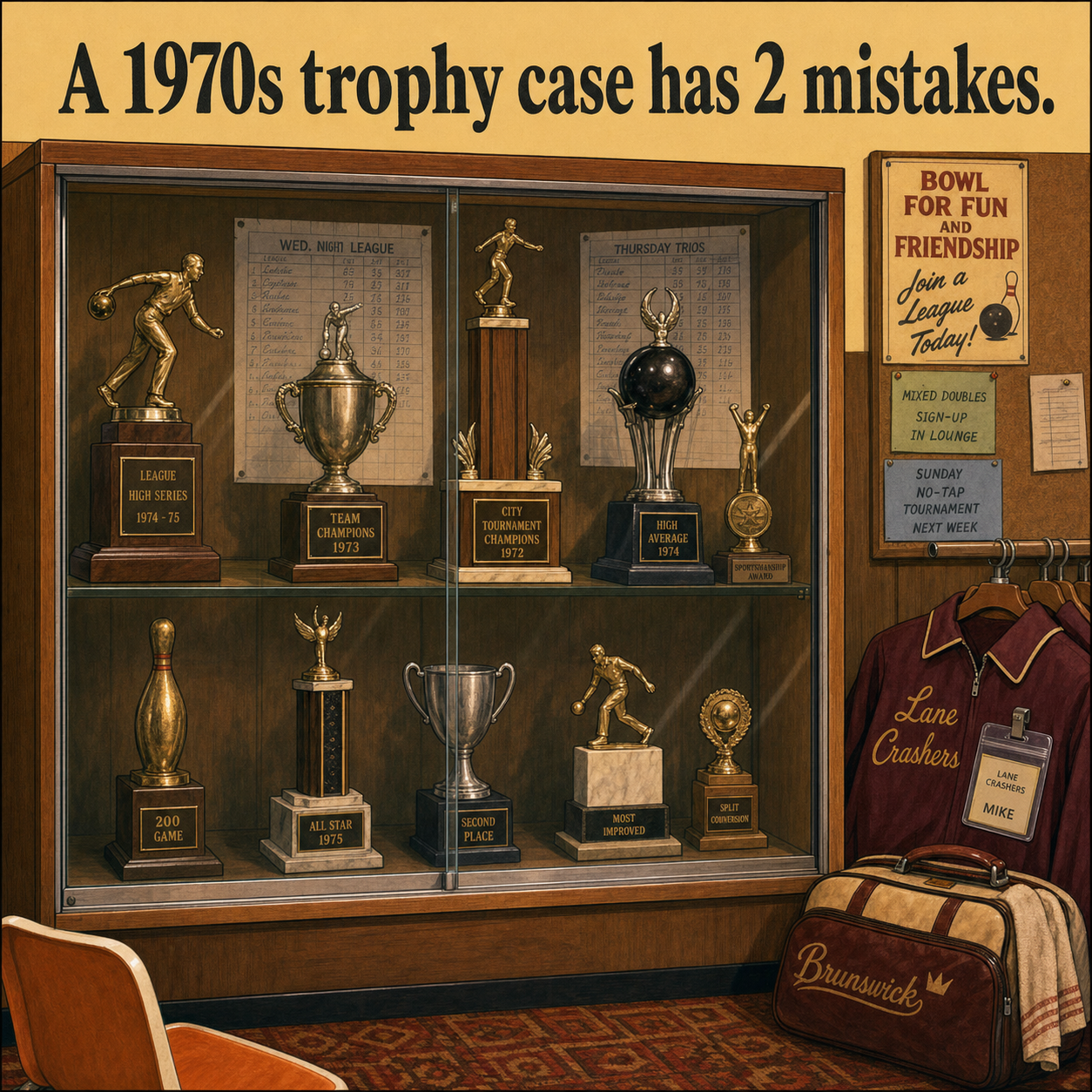 Two Mistakes in This 1970s Bowling Trophy Case: Answer
