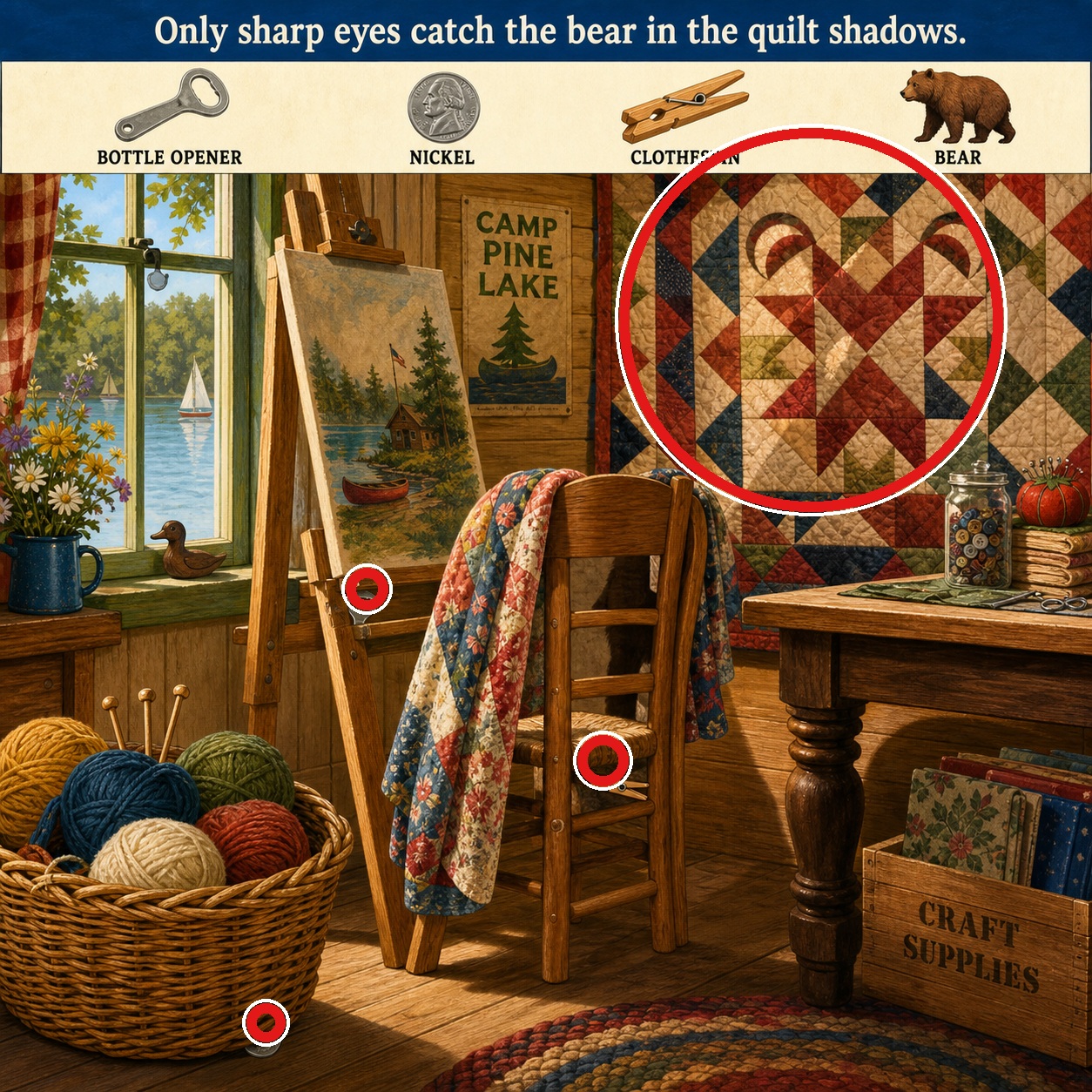Answer: Four Hidden Objects in the Summer Camp Craft Lodge answer image