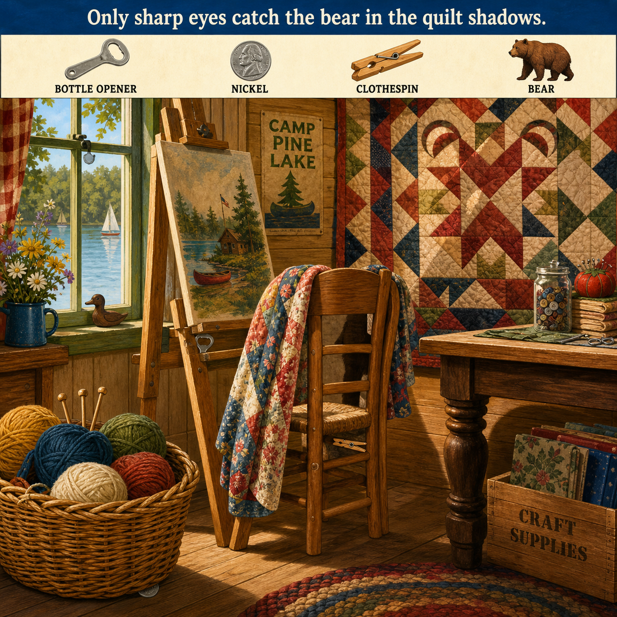 Answer: Four Hidden Objects in the Summer Camp Craft Lodge