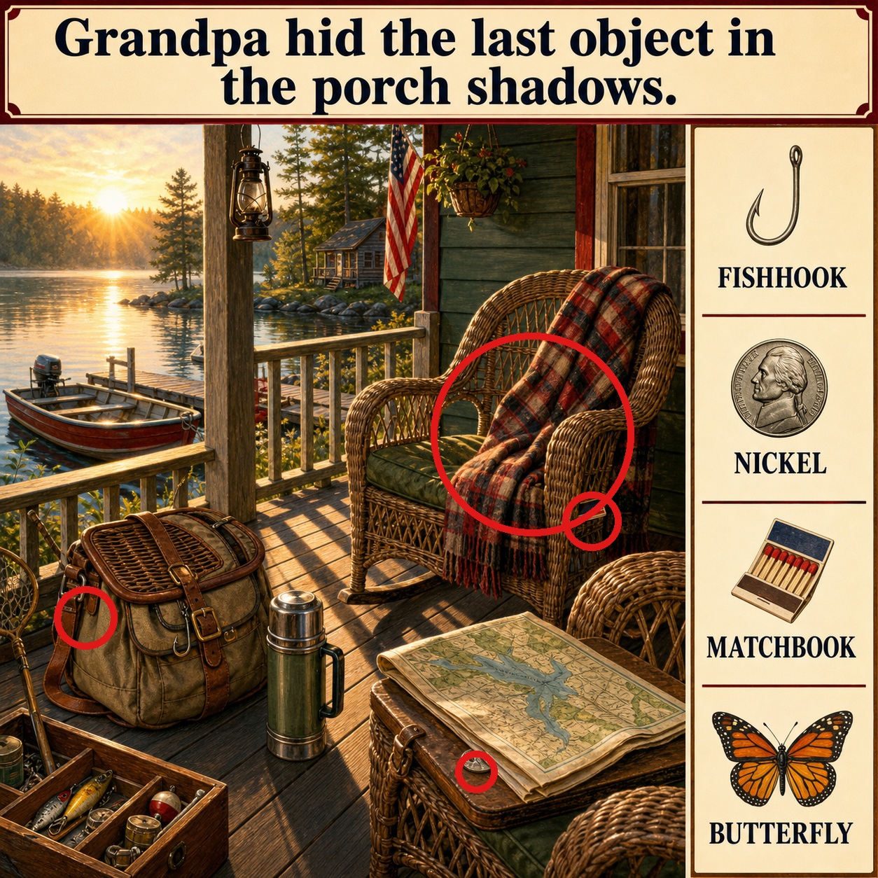 Answer: Four Hidden Objects on Grandpa's Lake-Cabin Porch answer image