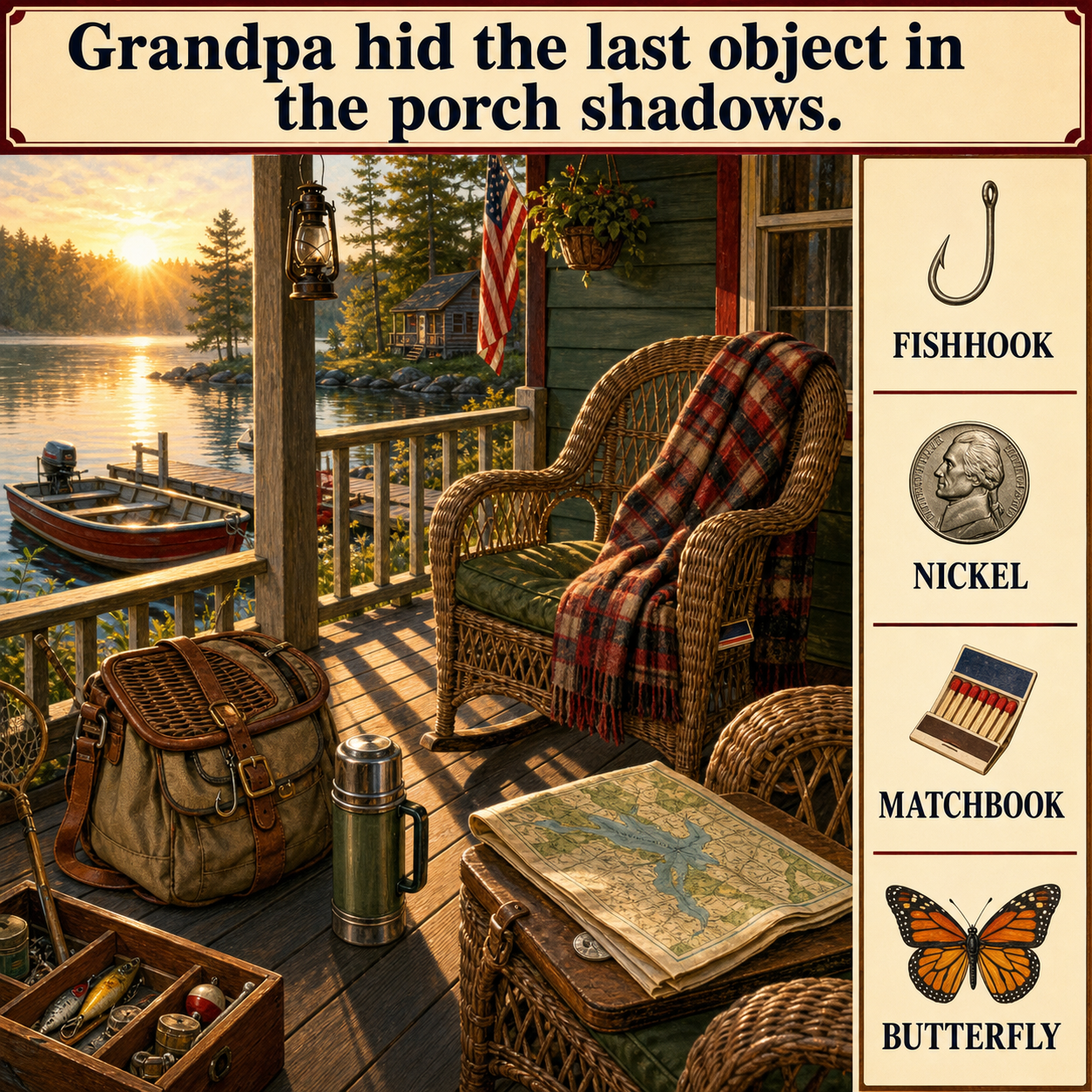 Answer: Four Hidden Objects on Grandpa's Lake-Cabin Porch