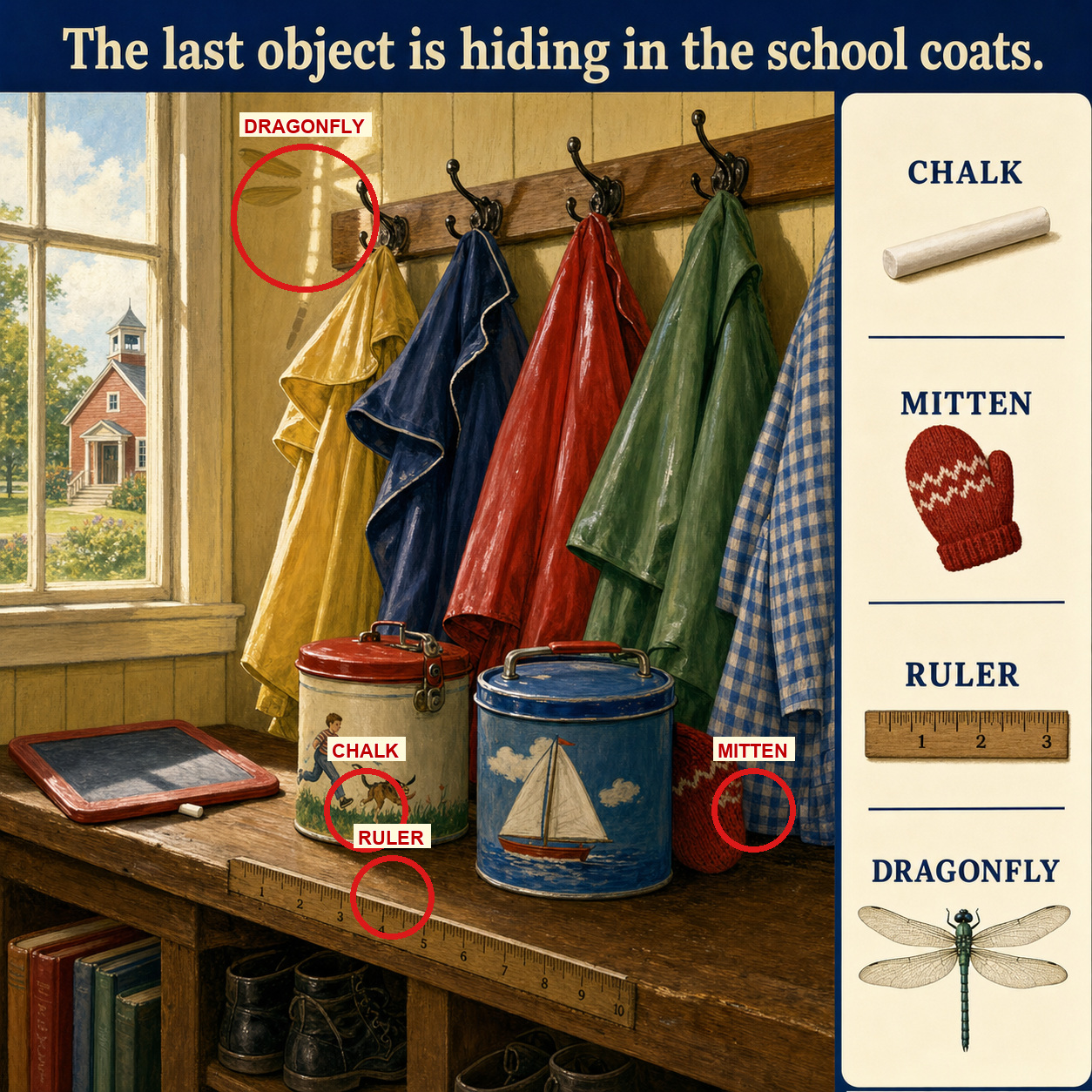 Answer: Four Hidden Objects in the Old Schoolhouse answer image