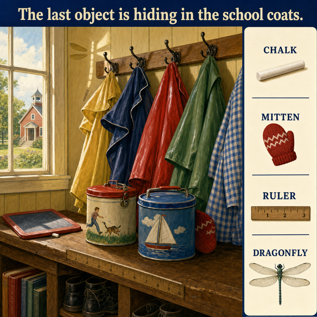 Answer: Four Hidden Objects in the Old Schoolhouse