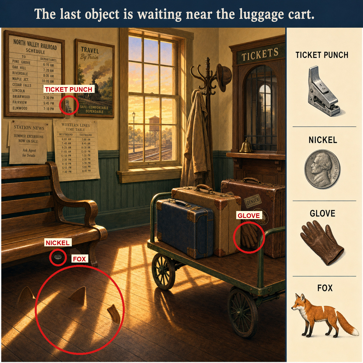 Answer: Four Hidden Objects in the Old Train Station answer image