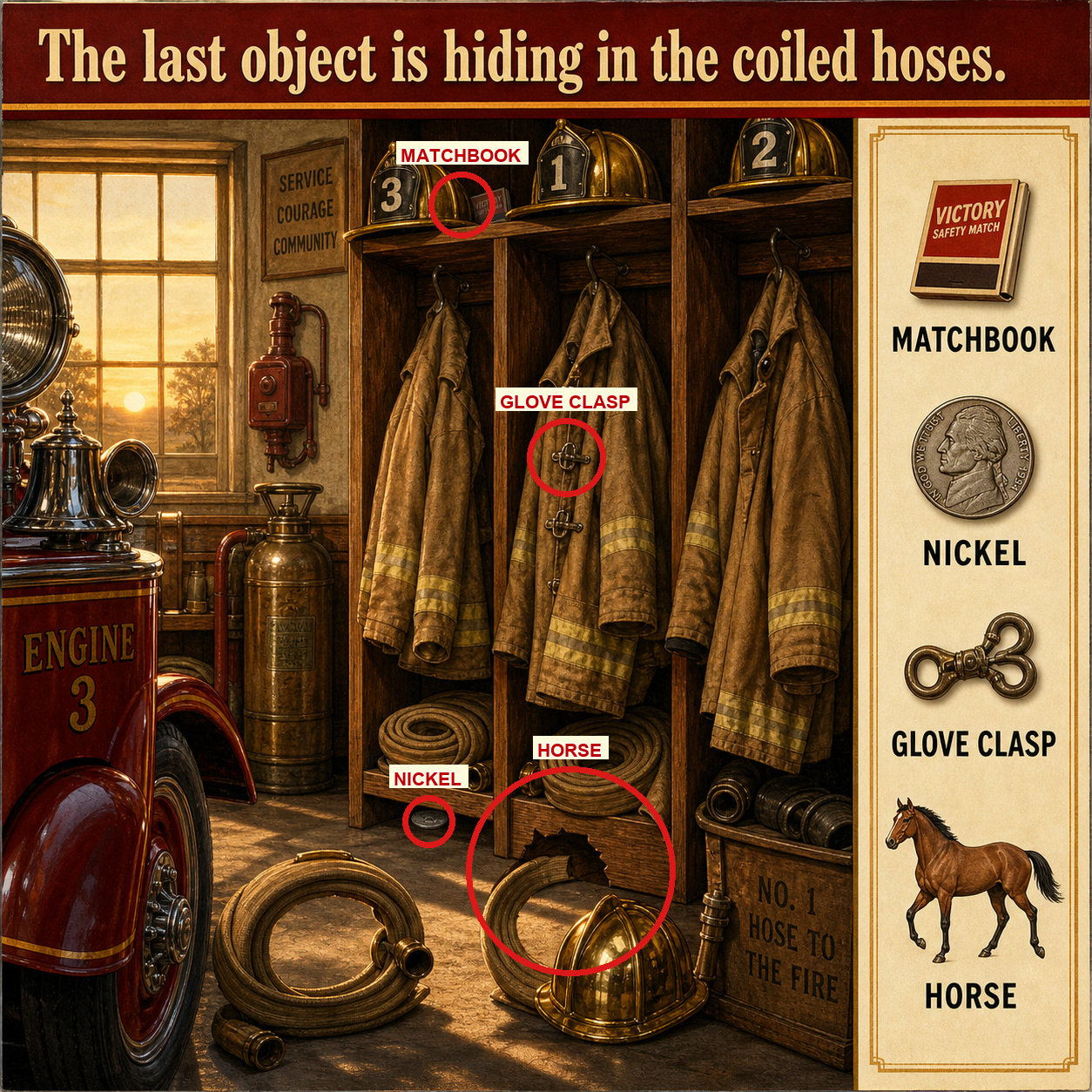 Answer: Four Hidden Objects in the Old Firehouse answer image