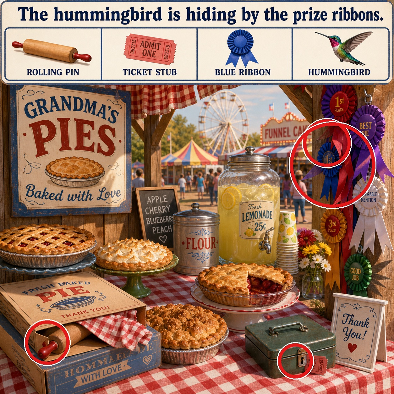 Answer: Four Hidden Objects at the County Fair Pie Booth answer image