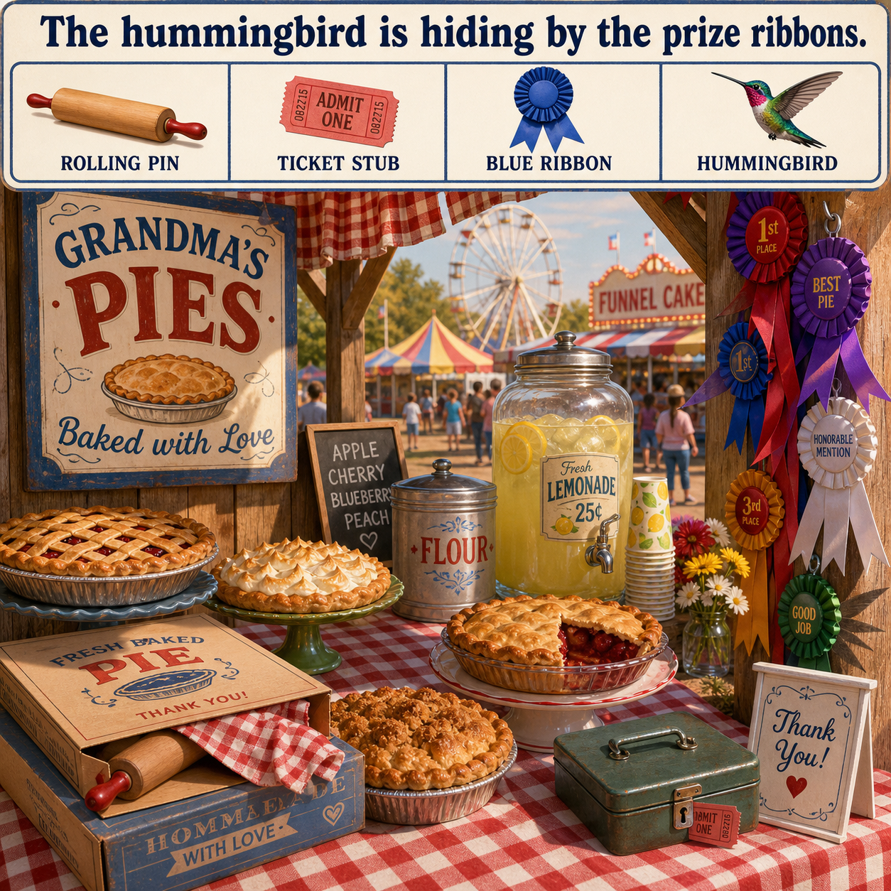 Answer: Four Hidden Objects at the County Fair Pie Booth