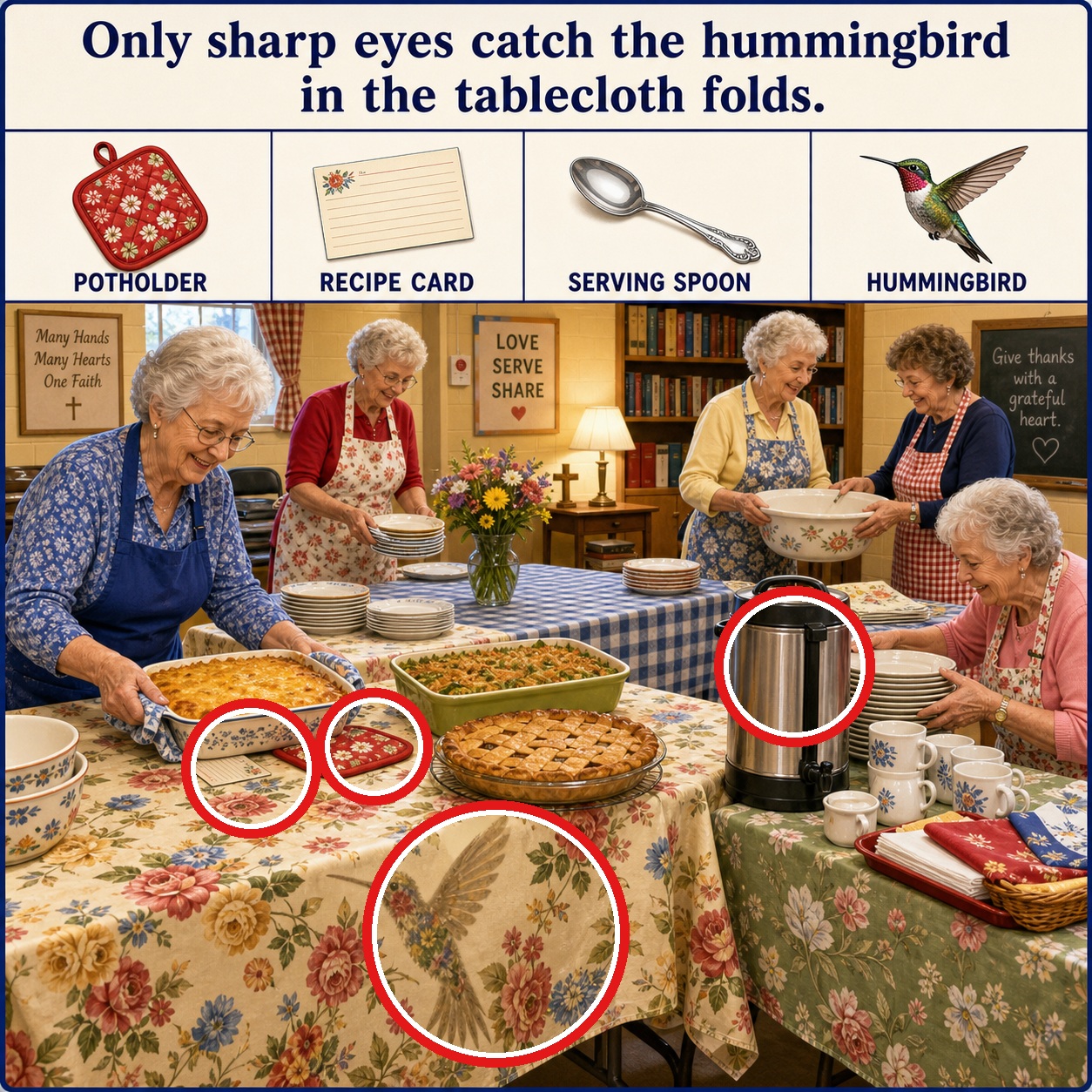 Answer: Four Hidden Objects at the Church Potluck answer image