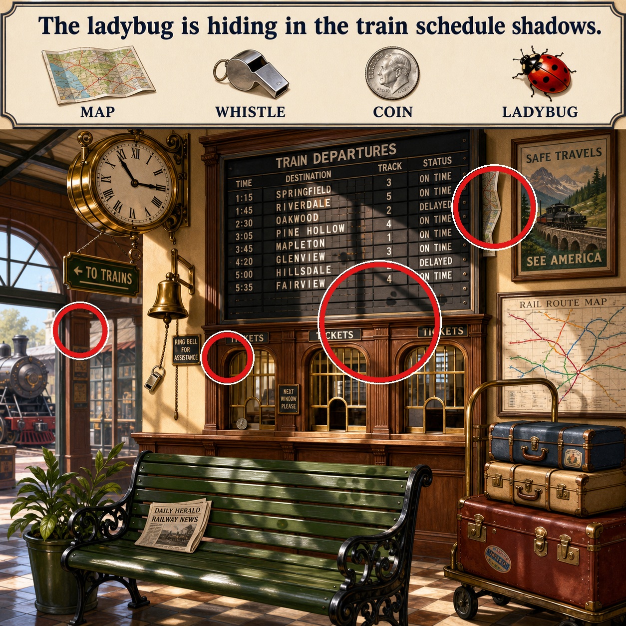 Answer: Four Hidden Objects at the Train Station answer image