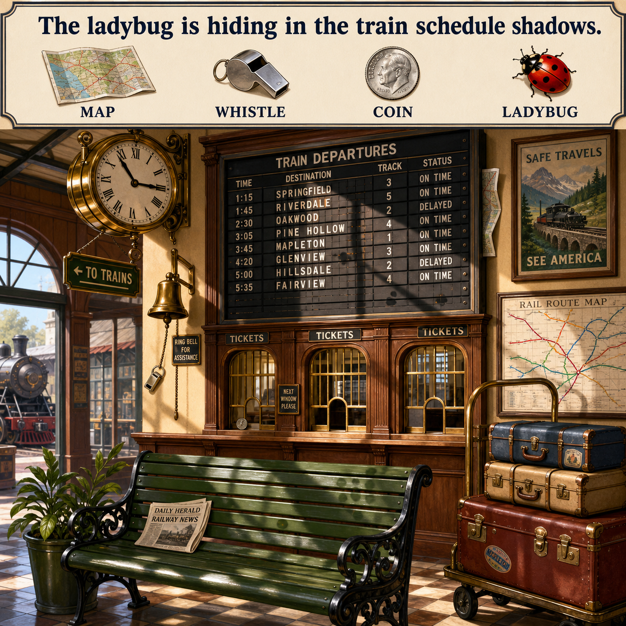 Answer: Four Hidden Objects at the Train Station