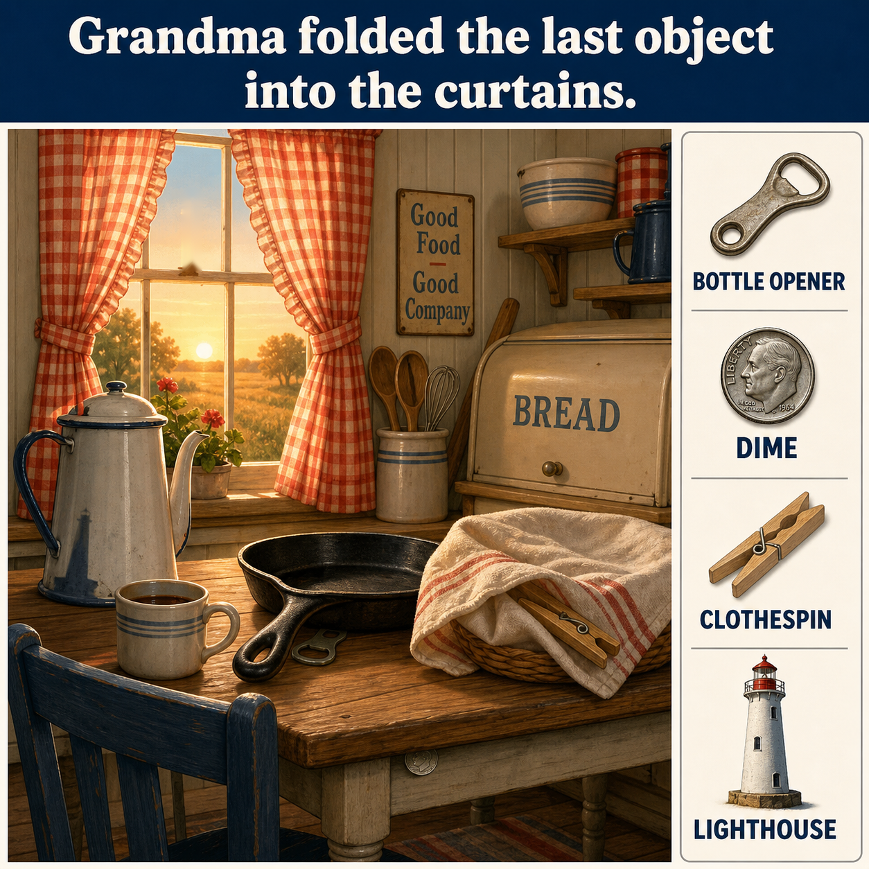 Answer: Four Hidden Objects in Grandma's Farm Kitchen