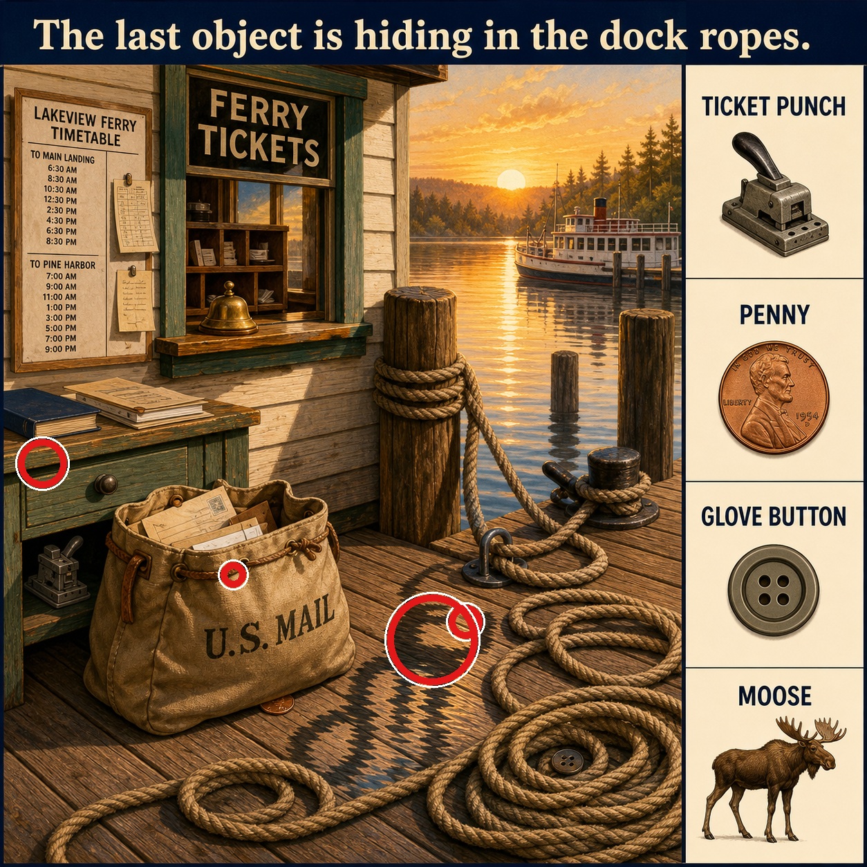 Answer: Four Hidden Objects at the Lakeside Ferry Ticket Office answer image