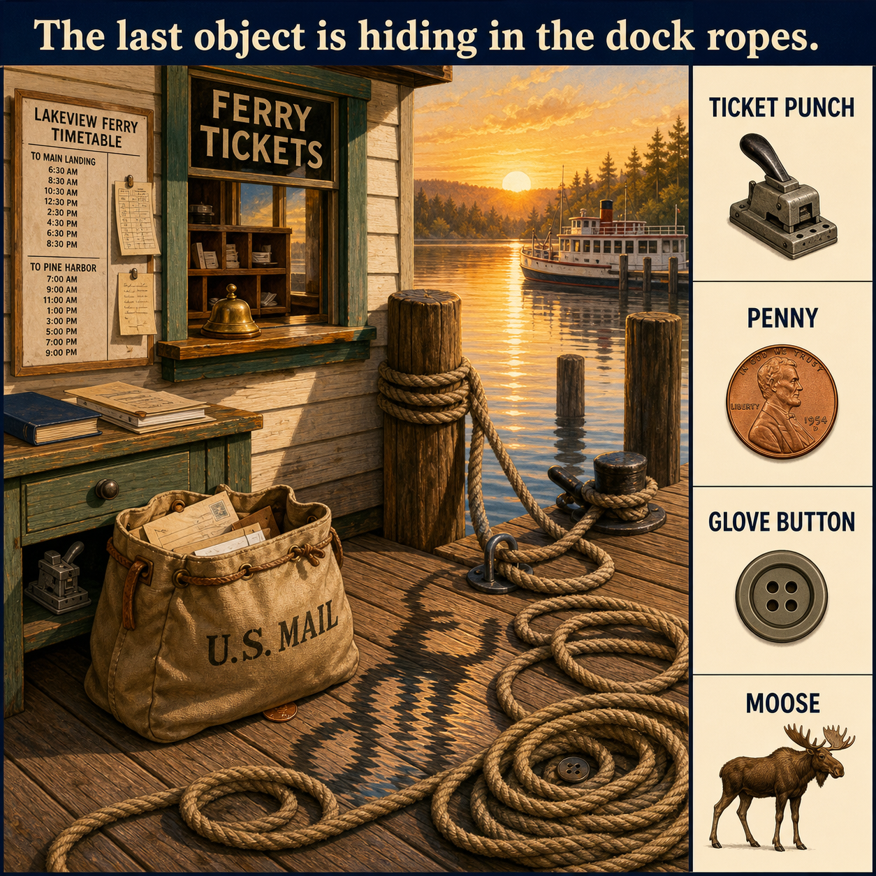 Answer: Four Hidden Objects at the Lakeside Ferry Ticket Office