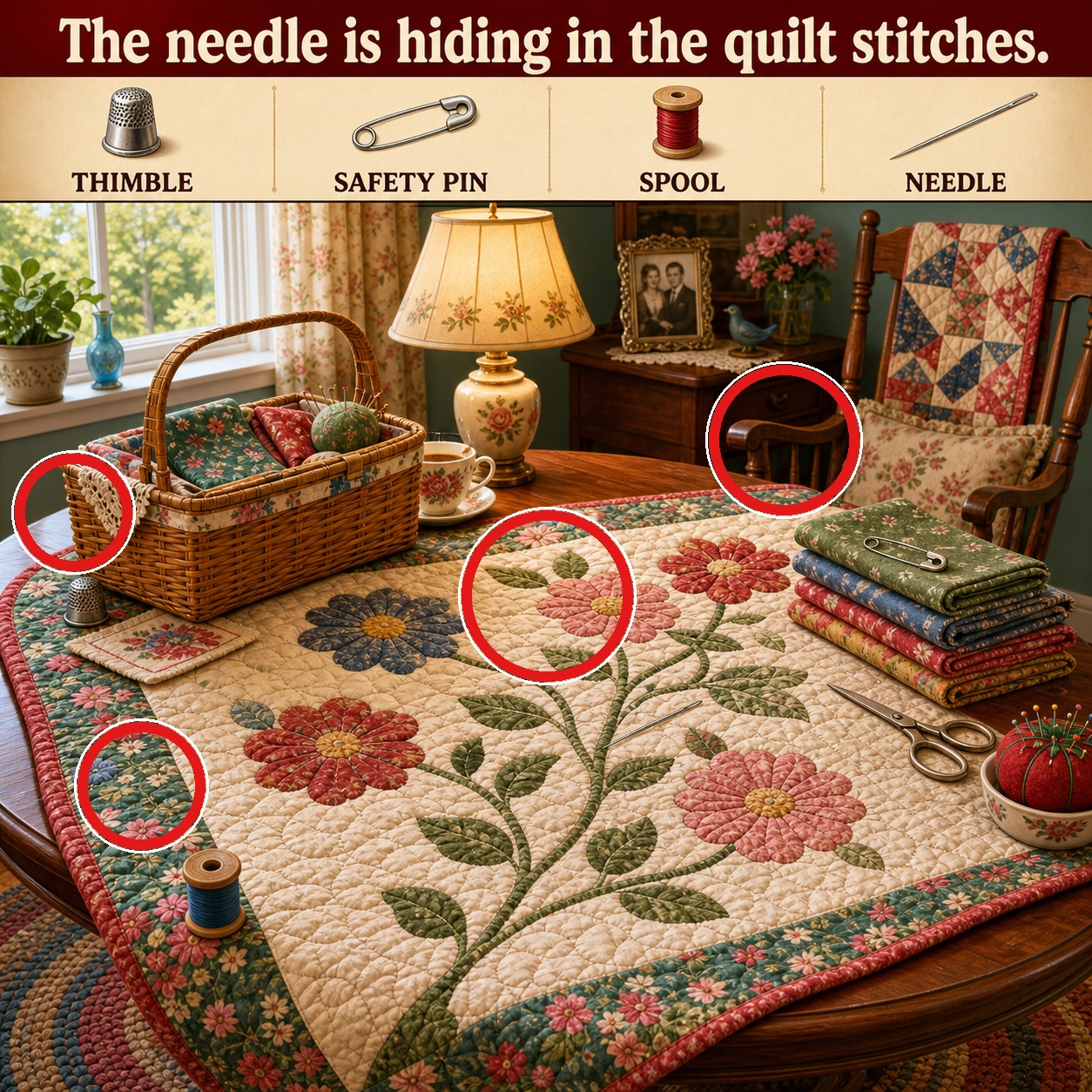 Answer: Four Hidden Sewing Items in the Quilt Scene answer image