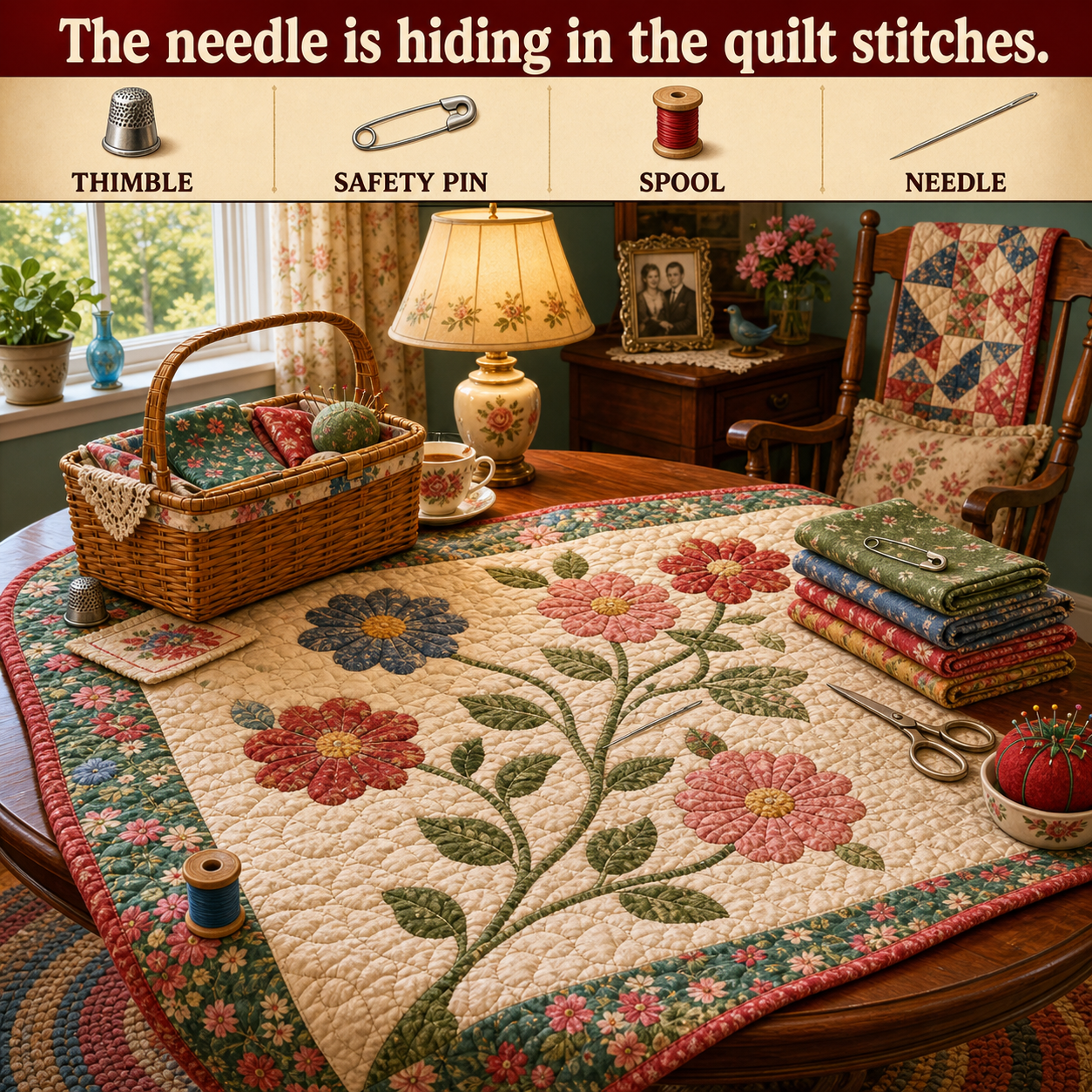 Answer: Four Hidden Sewing Items in the Quilt Scene